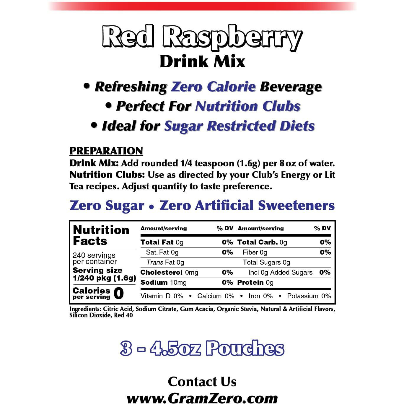 Gramzero Red Raspberry Zero Calorie Sugar Free Drink Mix, Great For Nutrition Club Loaded Tea, Stevia Sweetened