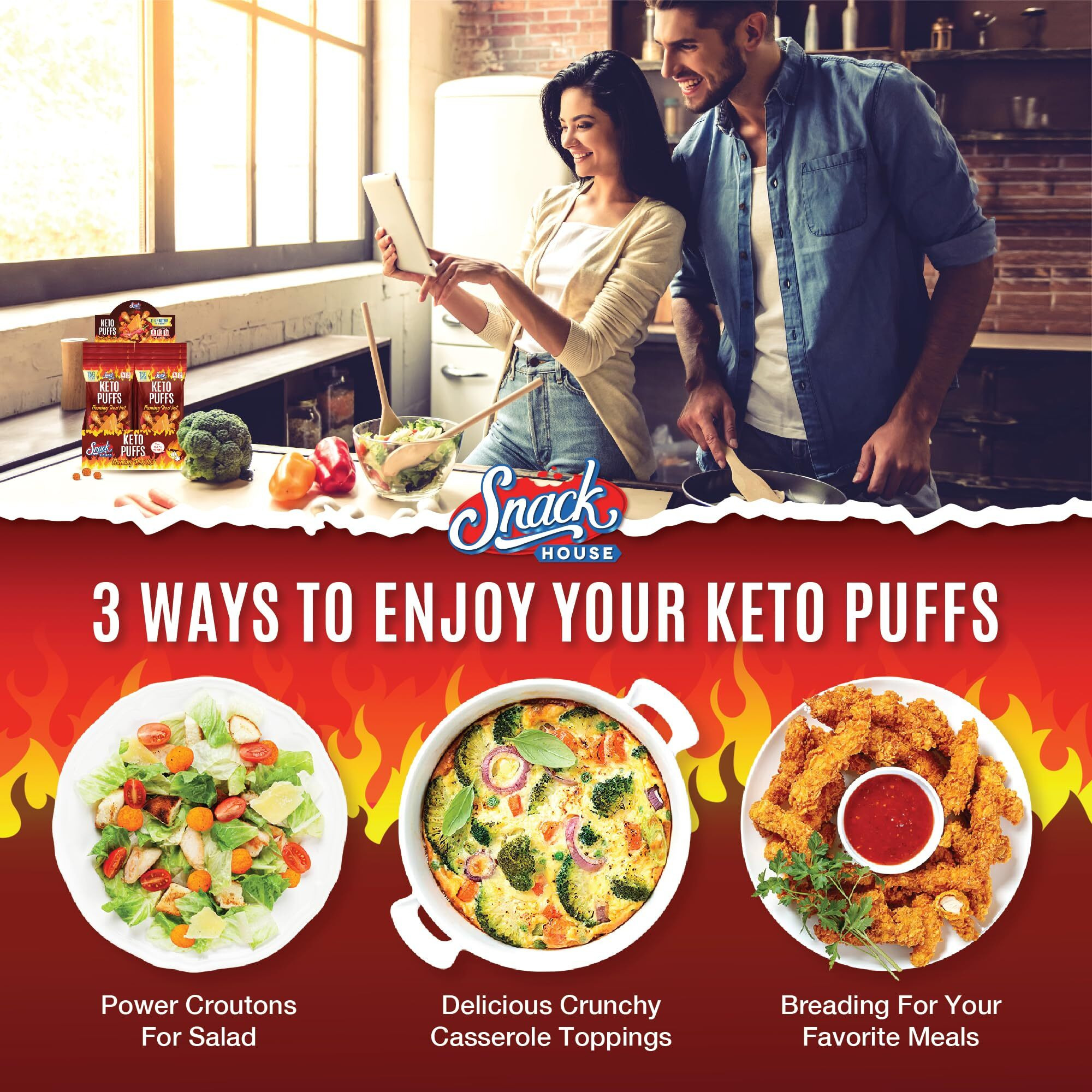 Flamin Hot High Protein Puffs, Healthy Snack Food For Adults & Kids, Low Carb Diet & Keto Friendly Snack, Cheese Puffs-Gluten & Grain Free - 8-Pack