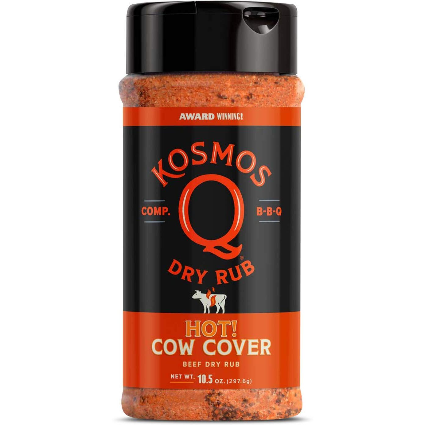 Kosmos Q Cow Cover Hot Bbq Rub | Savory & Spicy Blend | Great On Brisket, Steak, Ribs & Burgers | Best Barbecue Rub | Meat Seasoning & Spice Dry Rub | 10.5 Oz Shaker Bottle