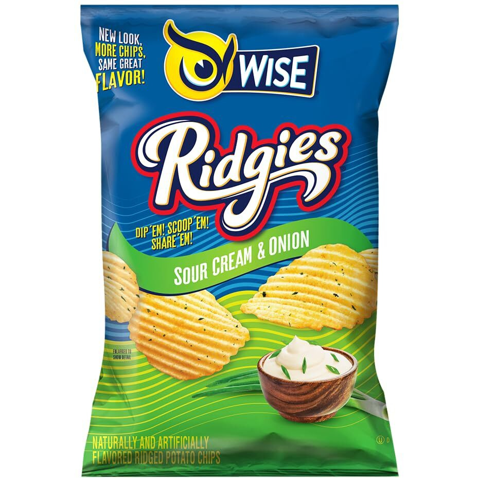 Wise Snacks Ridgies Sour Cream And Onion Potato Chips Bulk Snack For Fun And Tasty Snacking 0.75 Ounce 40 Count, Gluten Free, 0G Trans Fat, No Preservatives