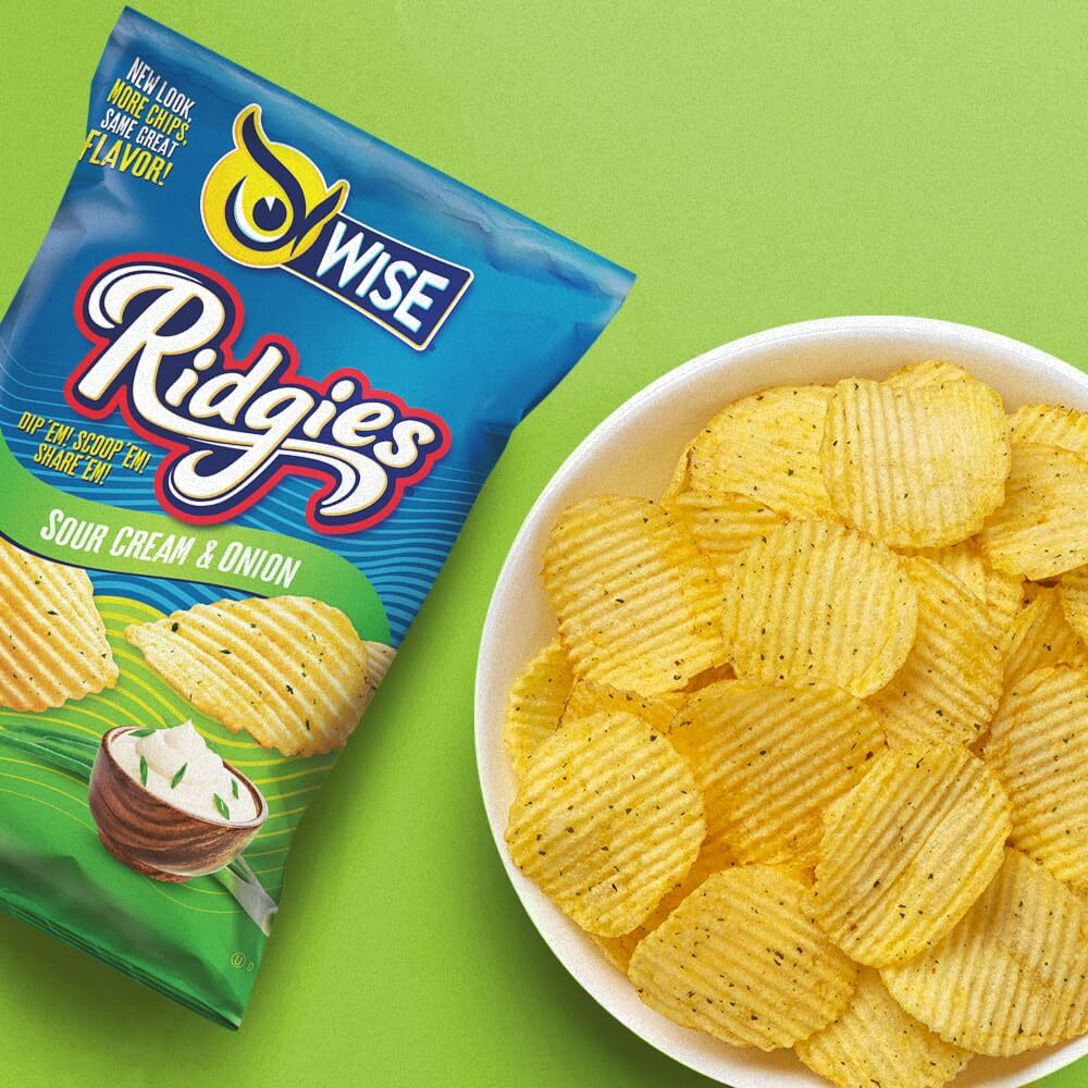 Wise Snacks Ridgies Sour Cream And Onion Potato Chips Bulk Snack For Fun And Tasty Snacking 0.75 Ounce 40 Count, Gluten Free, 0G Trans Fat, No Preservatives