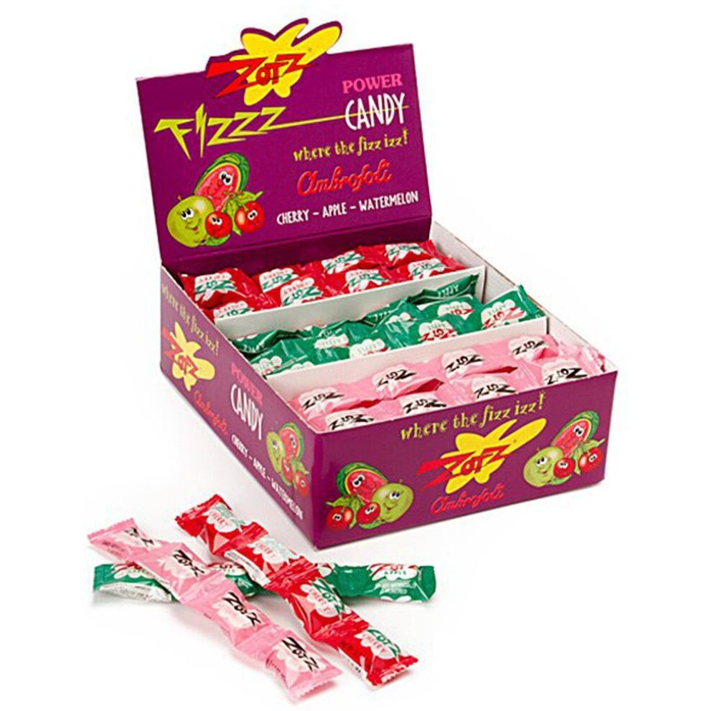 Zotz Fizz Power Candy Assorted - Fruit Flavored Hard Candy With A Fizzy Center | 48 Strings, 4 Pieces/String | Cherry, Apple & Watermelon | Gluten-Free