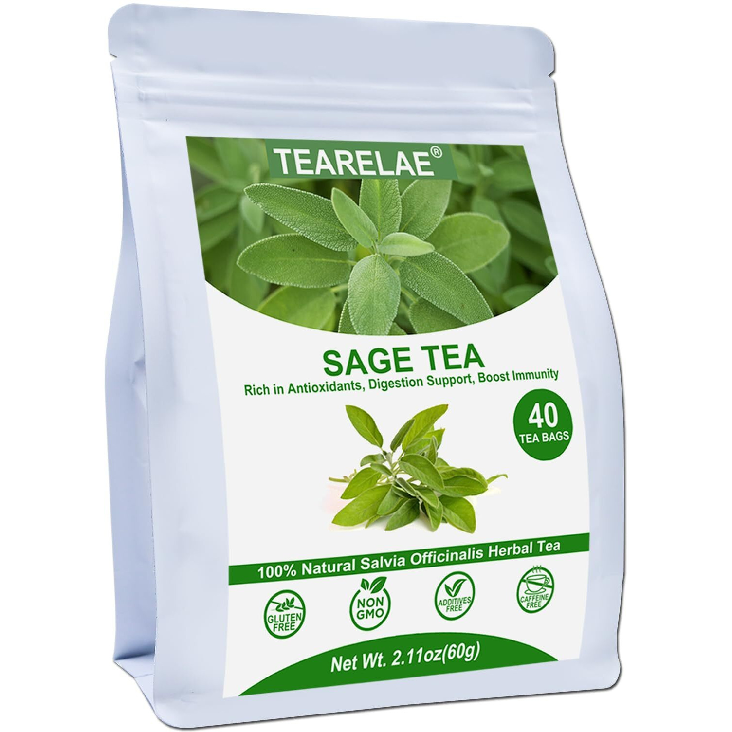 Tearelae - Premium Sage Leaf Tea Bags - 1.5G X 40 Count - Natural Cut & Sifted Sage Herb Salvia Officinalis - Non-Gmo - Caffeine-Free - Digestion Support & Breath Support