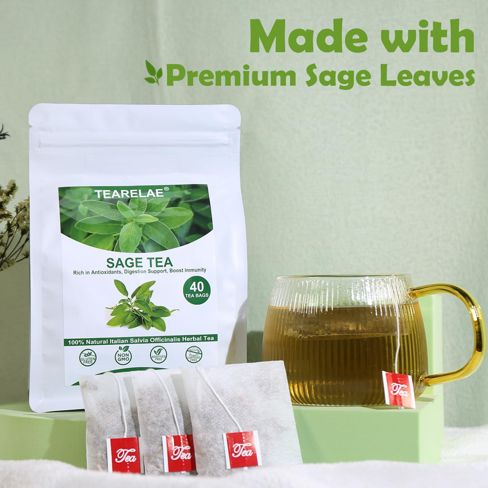 Tearelae - Premium Sage Leaf Tea Bags - 1.5G X 40 Count - Natural Cut & Sifted Sage Herb Salvia Officinalis - Non-Gmo - Caffeine-Free - Digestion Support & Breath Support