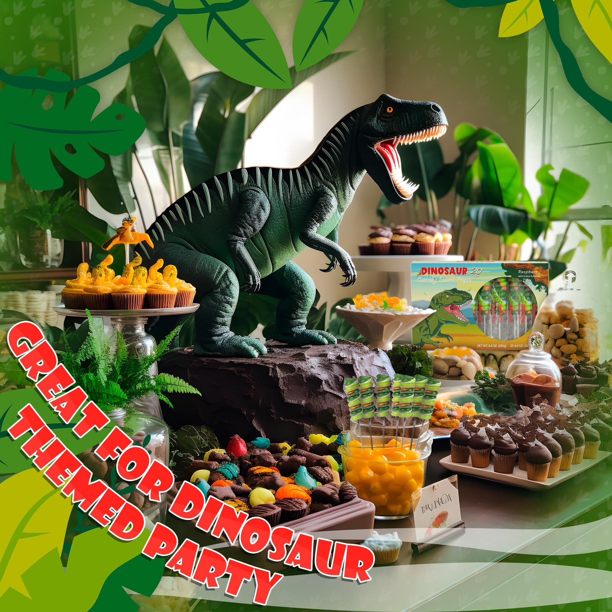 Dinosaur Swirl Lollipops For Kids Individually Wrapped Candy 20Pk- Dinosaur Lollipops - Dinosaur Party Favors - Dinosaur Candy For Dinosaur Party Favor Bags & Dinosaur Birthday Party Supplies