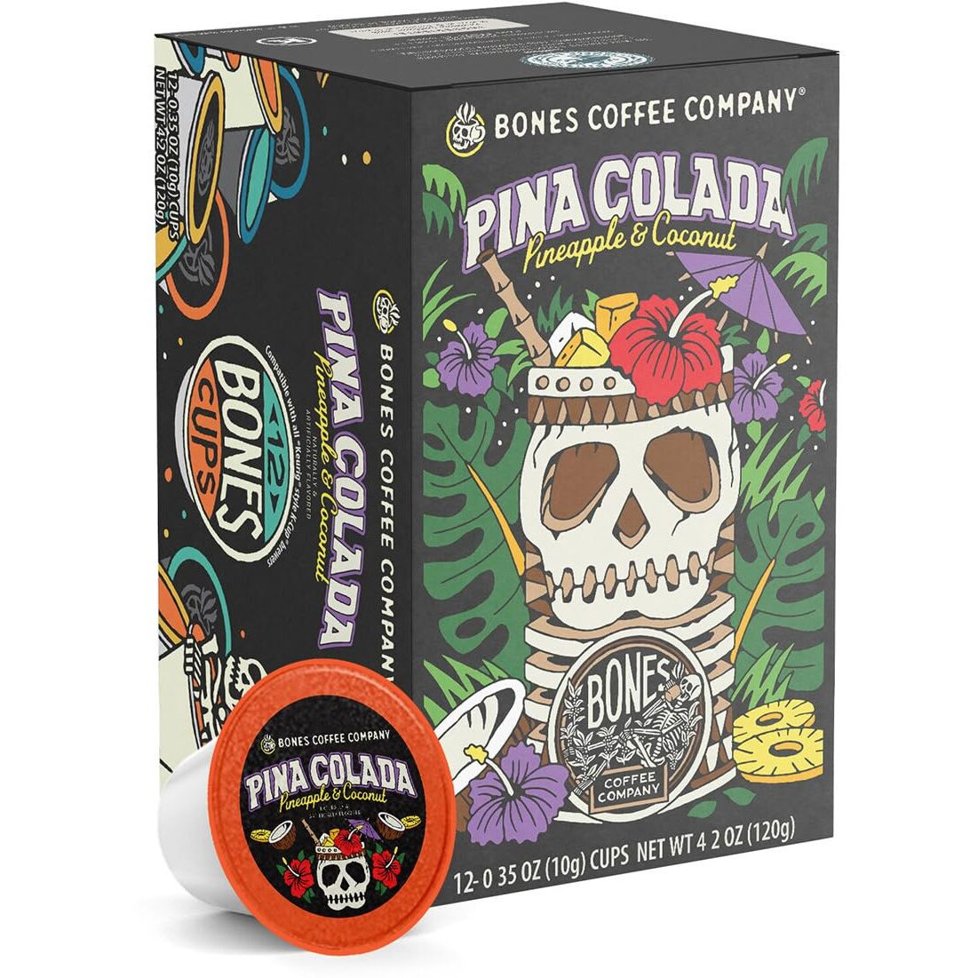 Bones Coffee Company Flavored Coffee Bones Cups Pina Colada Flavored Pods | 12Ct Single-Serve Coffee Pods Compatible With Keurig 1.0 & 2.0 Keurig Coffee Maker