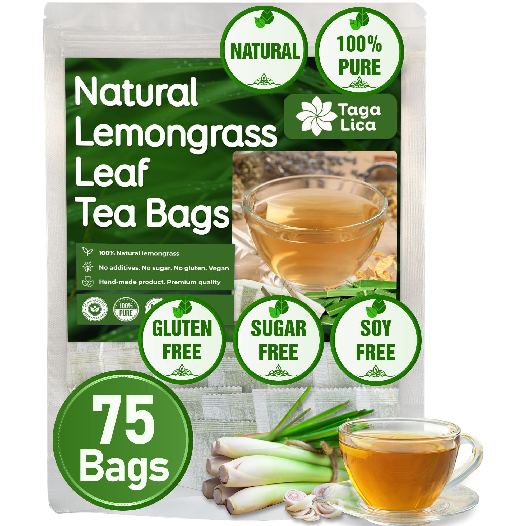 Tagalica, Premium 75 Lemongrass Tea Bags, 100% Natural & Pure Lemongrass Leaves, Eco-Conscious Tea Bags, Lemongrass Herbal Tea. Lemongrass Leaf Tea. No Sugar, No Caffeine, No Gluten, Vegan.
