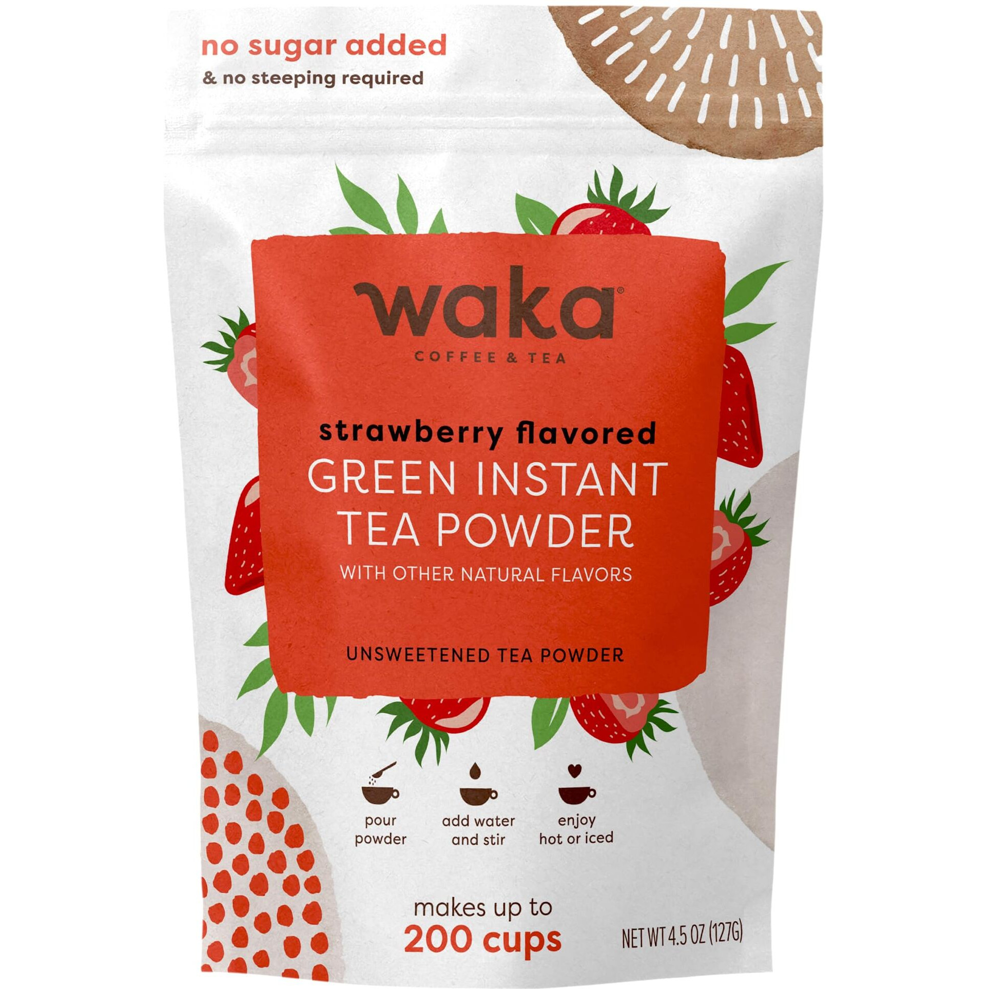 Waka Instant Green Tea Mix, Strawberry Flavored - 100% Tea Leaves, No Additives, Unsweetened Tea Powder In Bulk Pouch - Easy Quick Hot And Iced Teas, Up To 200 Cups (4.5Oz)