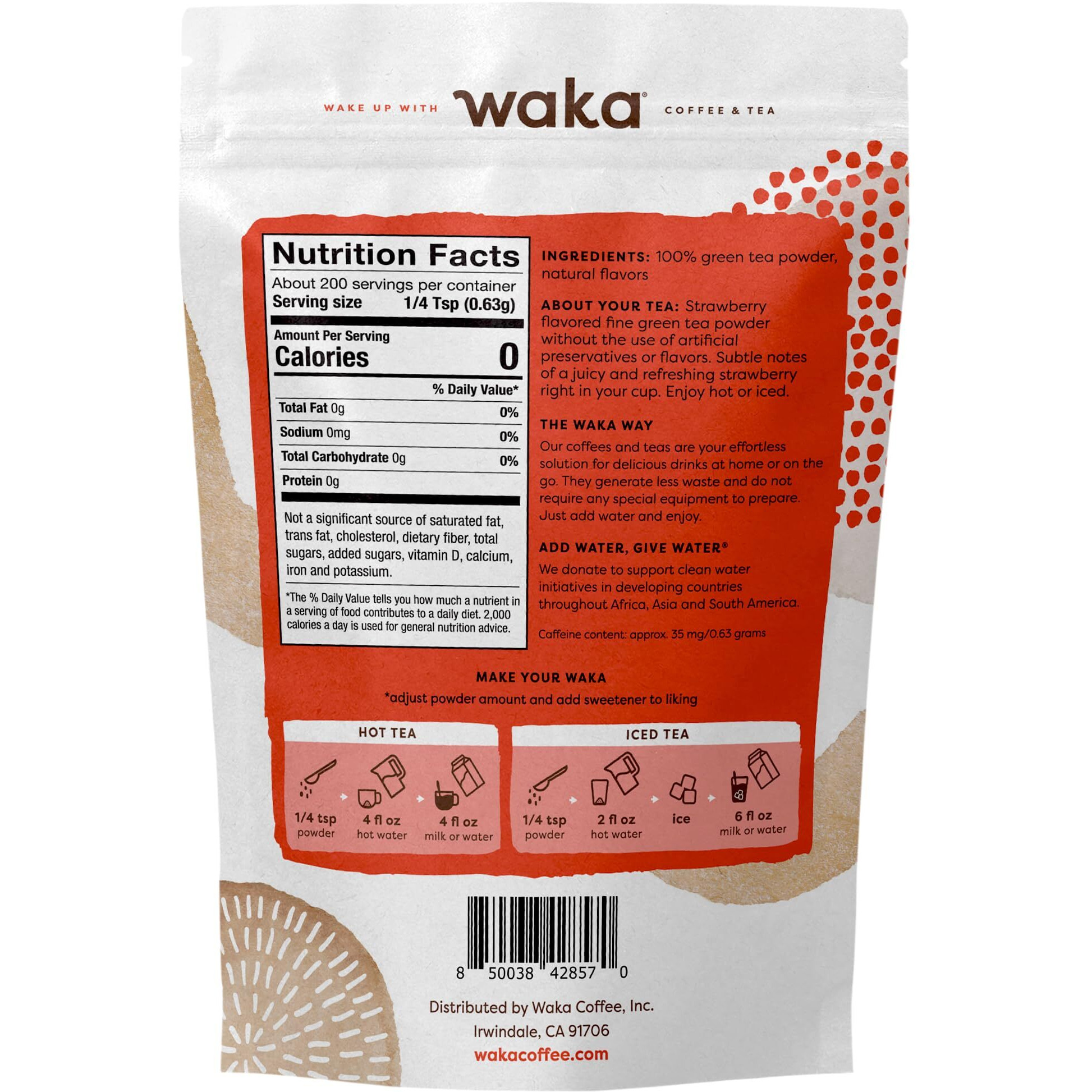 Waka Instant Green Tea Mix, Strawberry Flavored - 100% Tea Leaves, No Additives, Unsweetened Tea Powder In Bulk Pouch - Easy Quick Hot And Iced Teas, Up To 200 Cups (4.5Oz)