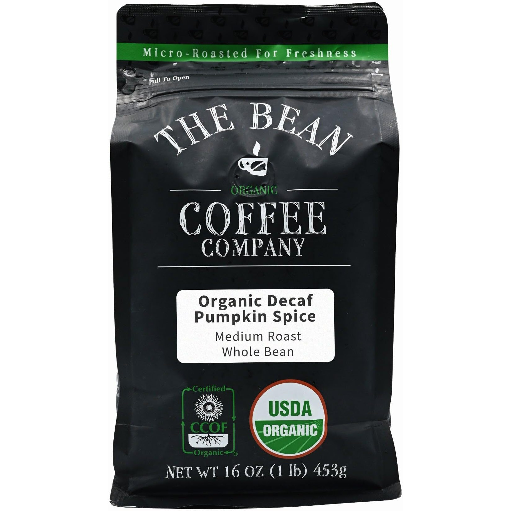 The Bean Organic Coffee Company Water Processed Decaf Pumpkin Spice, Medium Roast, Whole Bean Coffee, 16-Ounce Bag