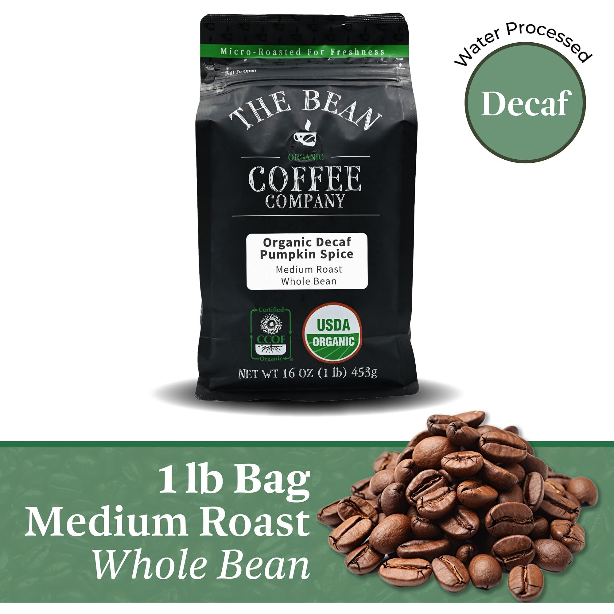 The Bean Organic Coffee Company Water Processed Decaf Pumpkin Spice, Medium Roast, Whole Bean Coffee, 16-Ounce Bag