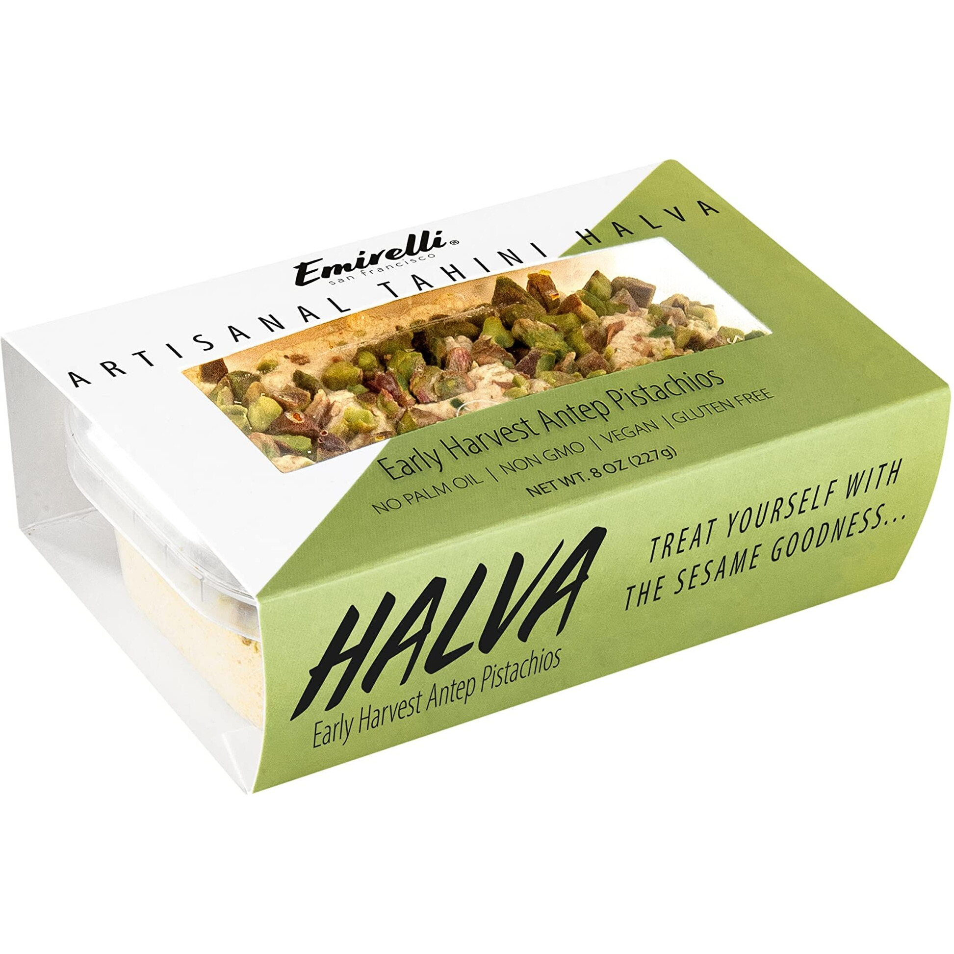 Emirelli Artisanal Halva Dessert - Authentic Middle Eastern Candy Turkish Sweets - Vegan Candy 55%-Tahini Halwa - Halvah Traditional International Sweets - Harvest Antep Pistachios Flavor, Pack Of 1