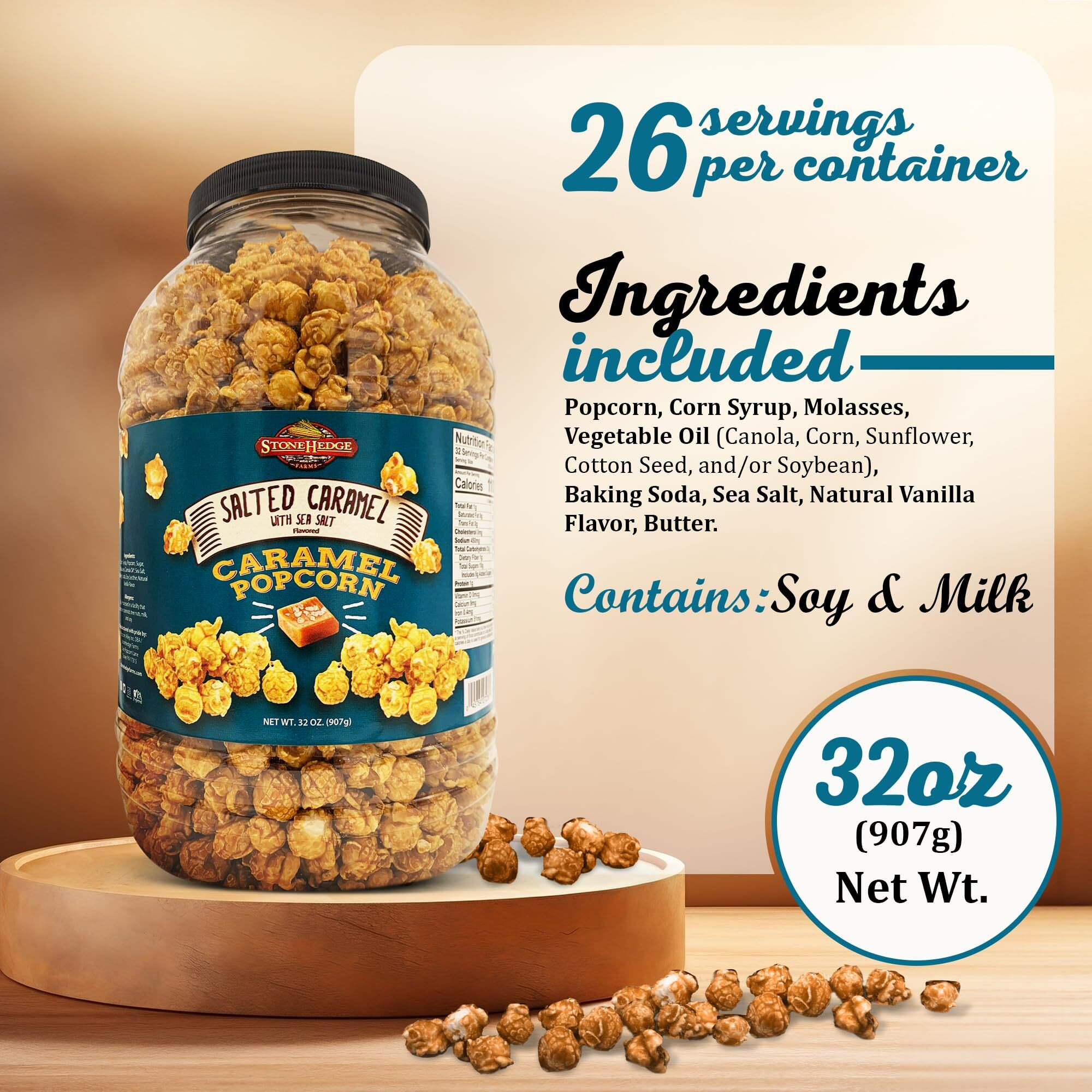 Stonehedge Farms Salted Caramel Flavored Popcorn - 32 Oz Large Tub - Bulk Gourmet Deliciously Old Fashioned Popped Sweet Snacks - Made In The Usa