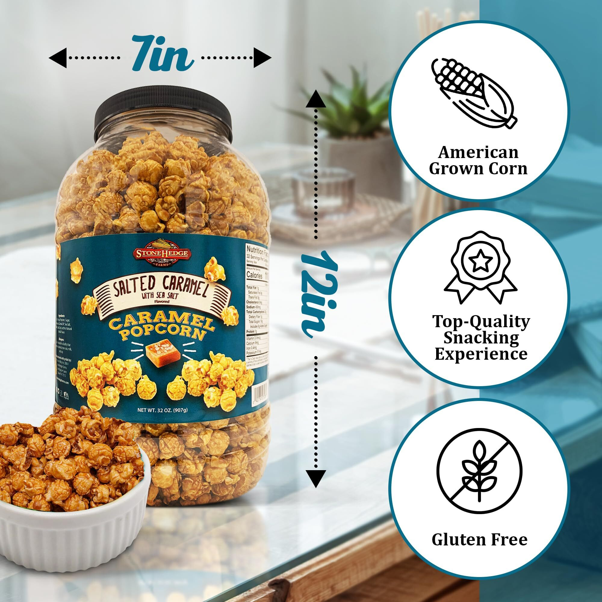 Stonehedge Farms Salted Caramel Flavored Popcorn - 32 Oz Large Tub - Bulk Gourmet Deliciously Old Fashioned Popped Sweet Snacks - Made In The Usa