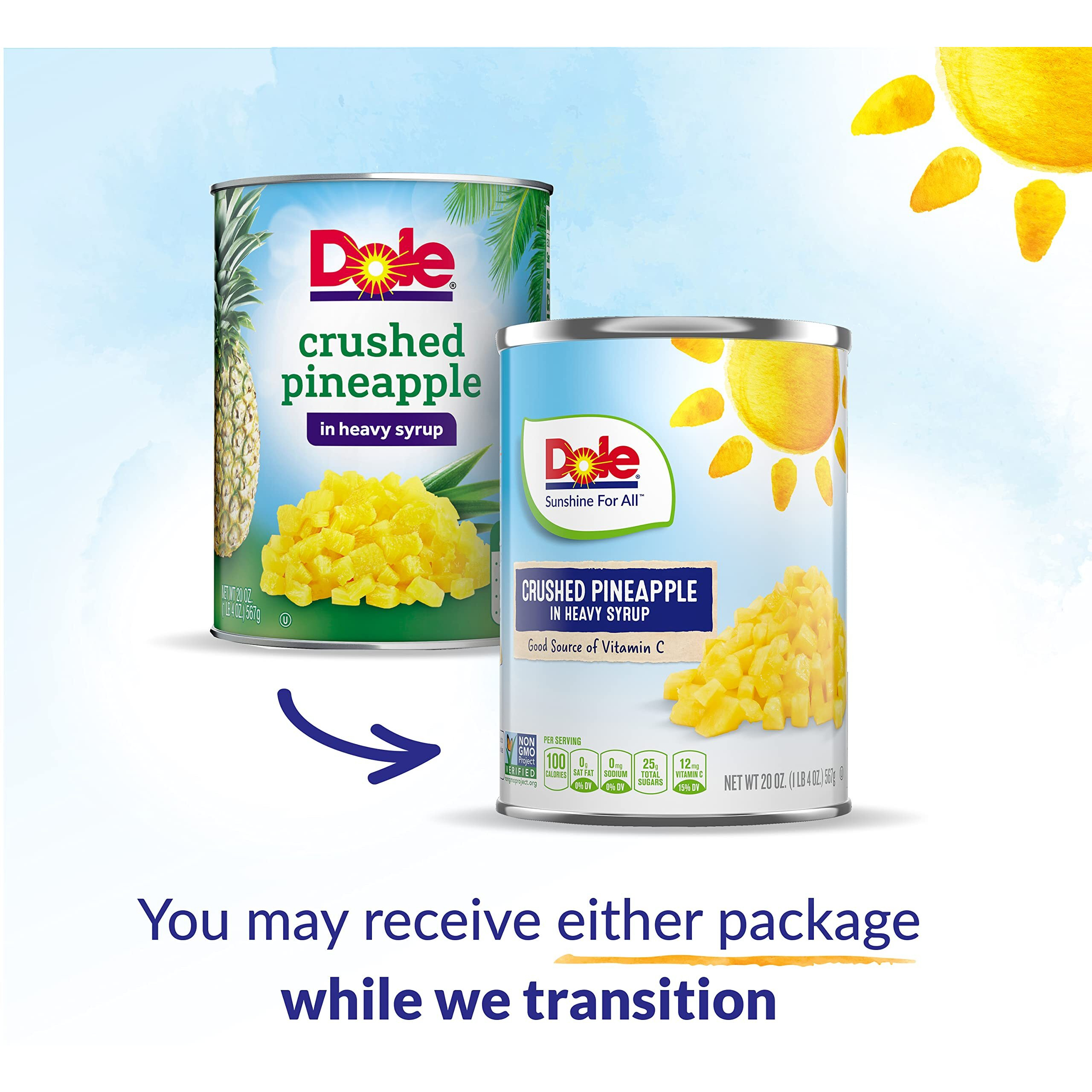 Dole Canned Fruit, Crushed Pineapple In Heavy Syrup, Gluten Free, Pantry Staples, 20 Oz, 12 Count, Packaging May Vary