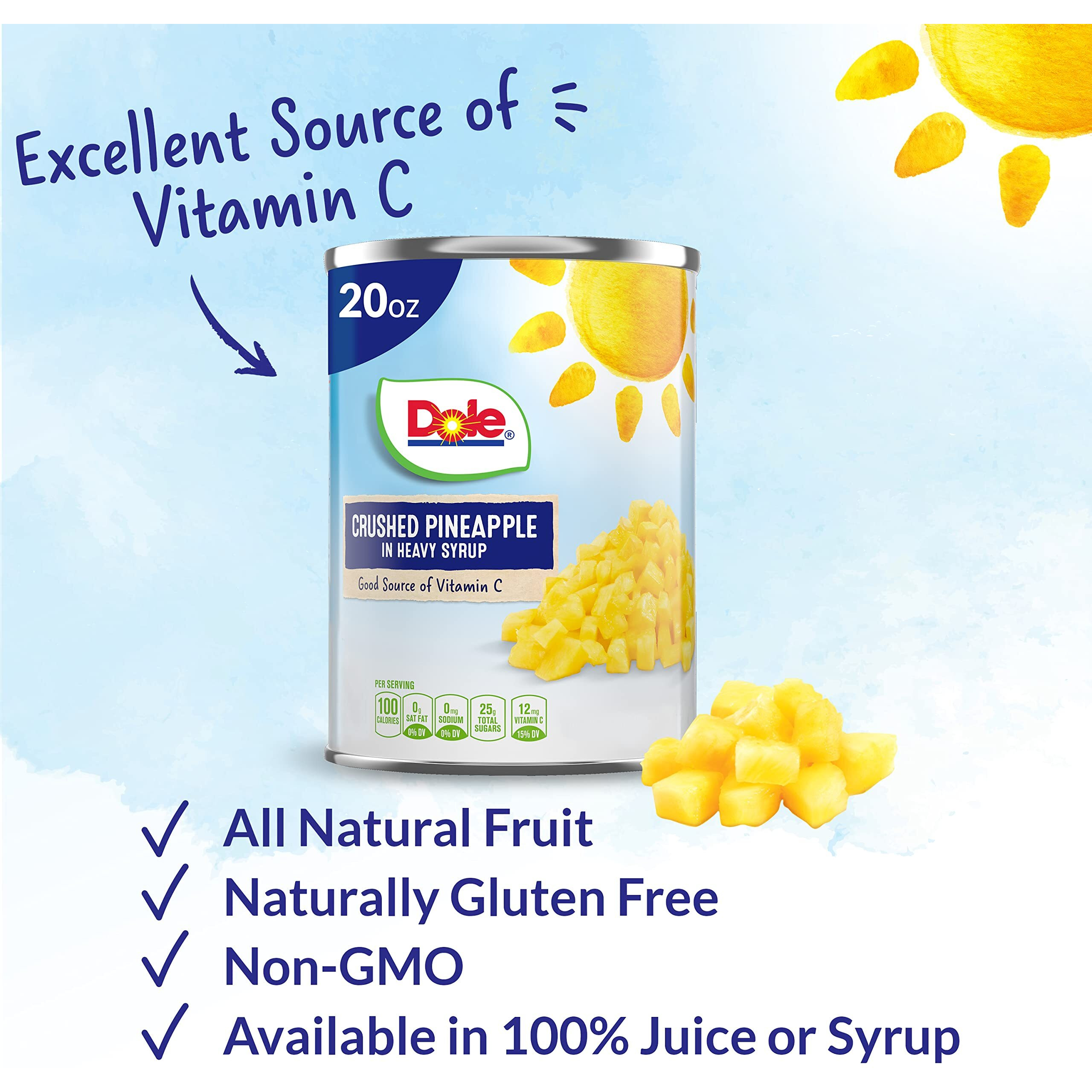 Dole Canned Fruit, Crushed Pineapple In Heavy Syrup, Gluten Free, Pantry Staples, 20 Oz, 12 Count, Packaging May Vary
