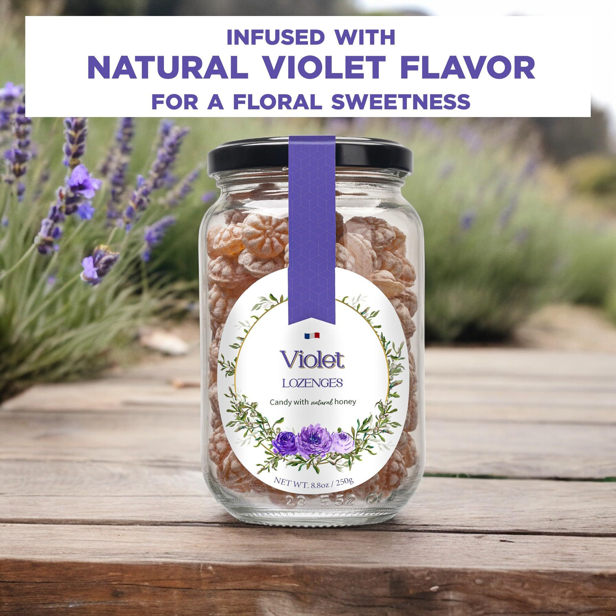 Gourmanity Violet Flavor Honey Lozenges Made With Real Honey And Natural Violet Flavor, Luxury French Honey Candy, Great For Soothing Your Throat, 8.8Oz Jar