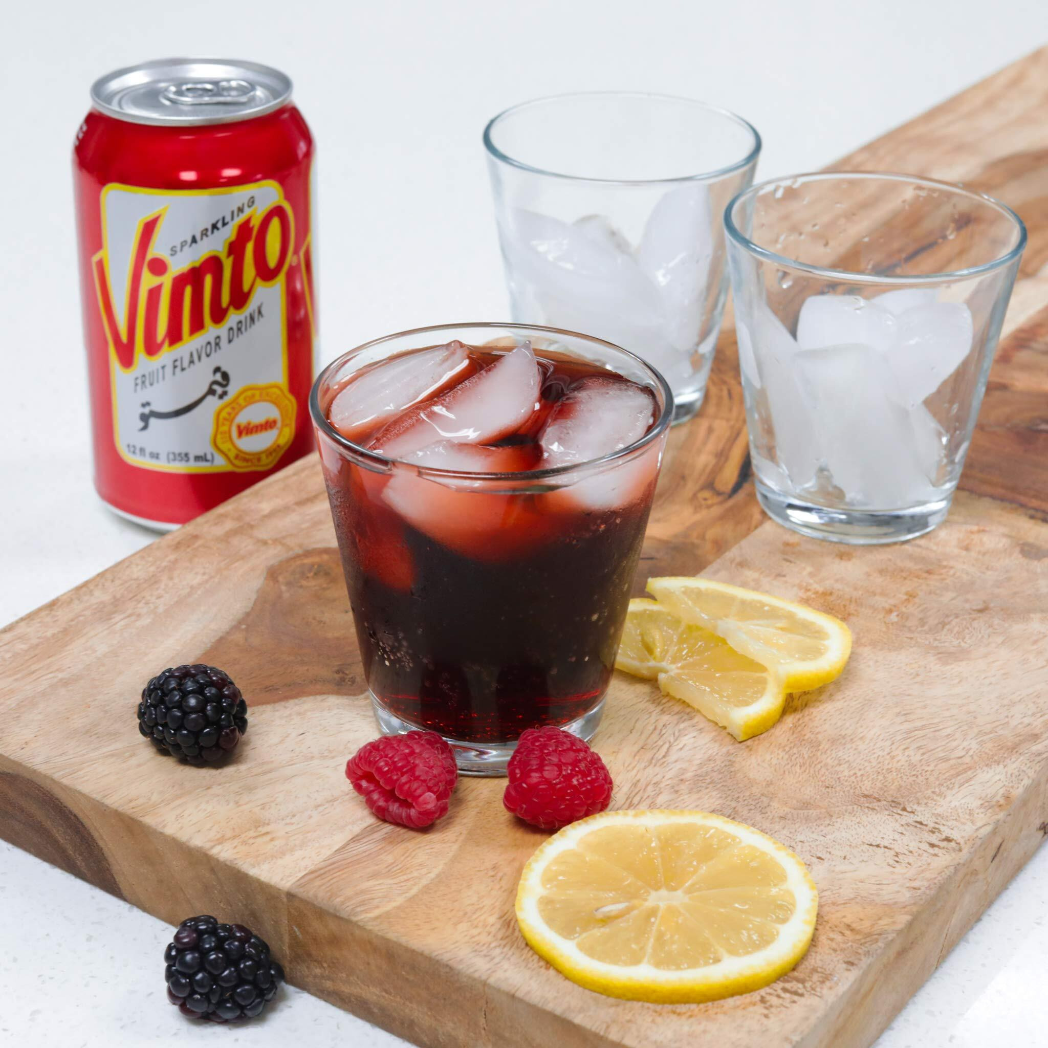 Vimto Sparkling Fruit Flavored Drink, Flavored With Natural Extracts Of Blackcherry, Rasberry Juice And Herbs, 12 Fl Oz. Can Pack Of 24