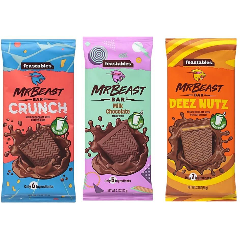 Feastables Mr Beast Chocolate Bars - New Deez Nuts Peanut Butter, New Crunch And Milk Chocolate (3 Pack)