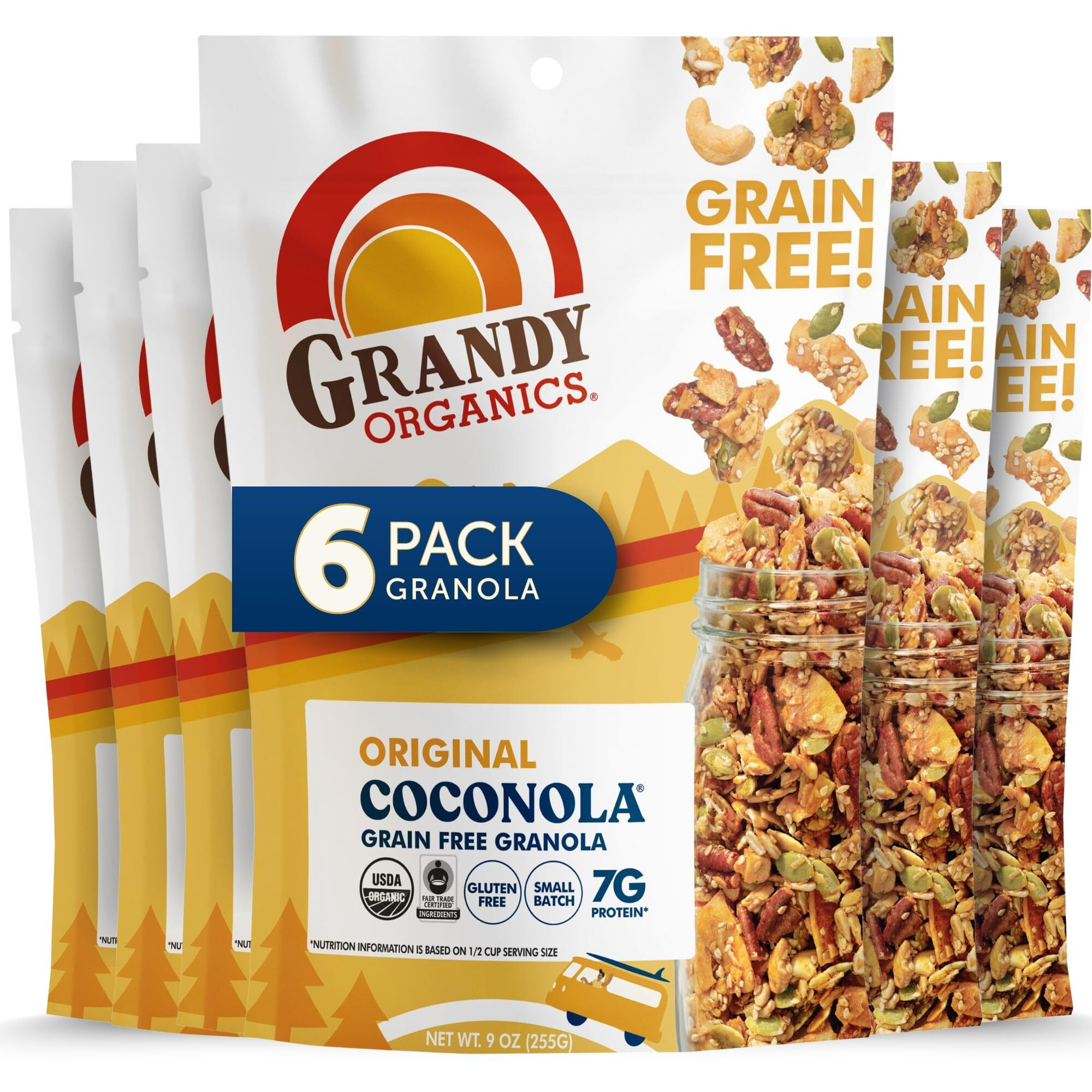 Grandy Organics Original Coconola Granola, Certified Organic Gluten Free Granola, Grain Free Granola, Vegan And Paleo, Original Flavor Coconola, 9Oz Each, Pack Of 6