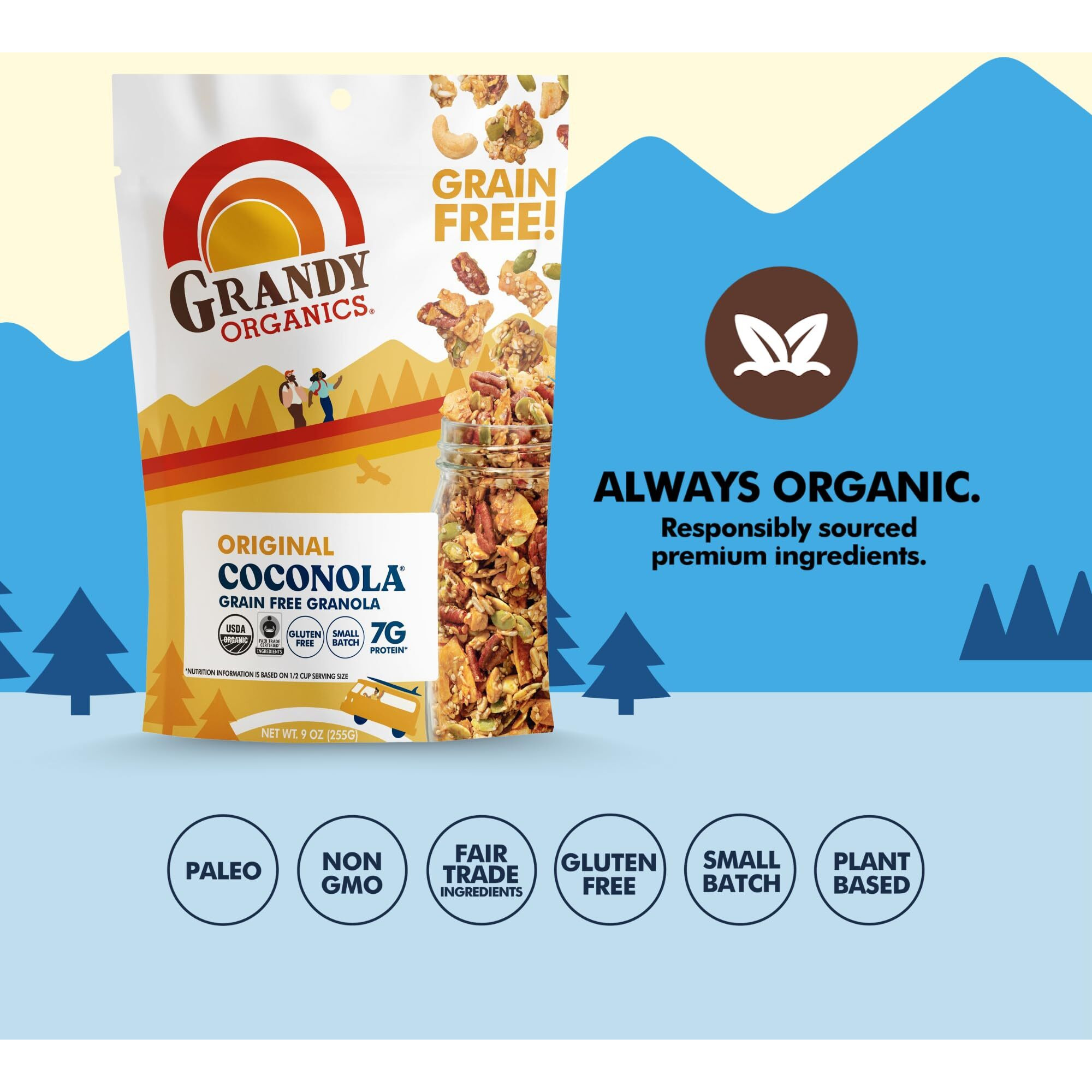 Grandy Organics Original Coconola Granola, Certified Organic Gluten Free Granola, Grain Free Granola, Vegan And Paleo, Original Flavor Coconola, 9Oz Each, Pack Of 6