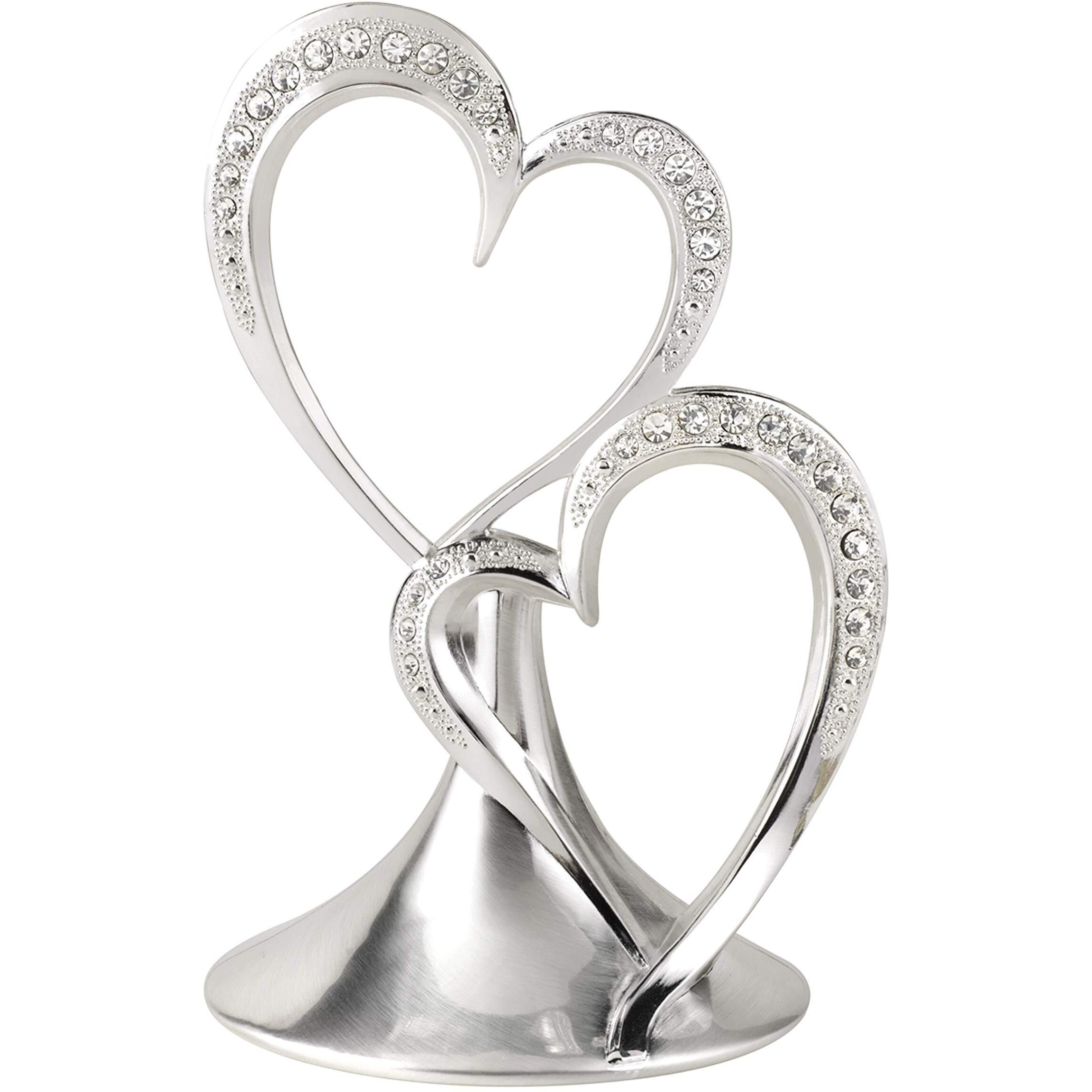 Hortense B. Hewitt Sparkling Love Double Hearts Anniversary, Engagement, Wedding Cake Topper, 5.5-Inches, Metal With Rhinestones, Silver