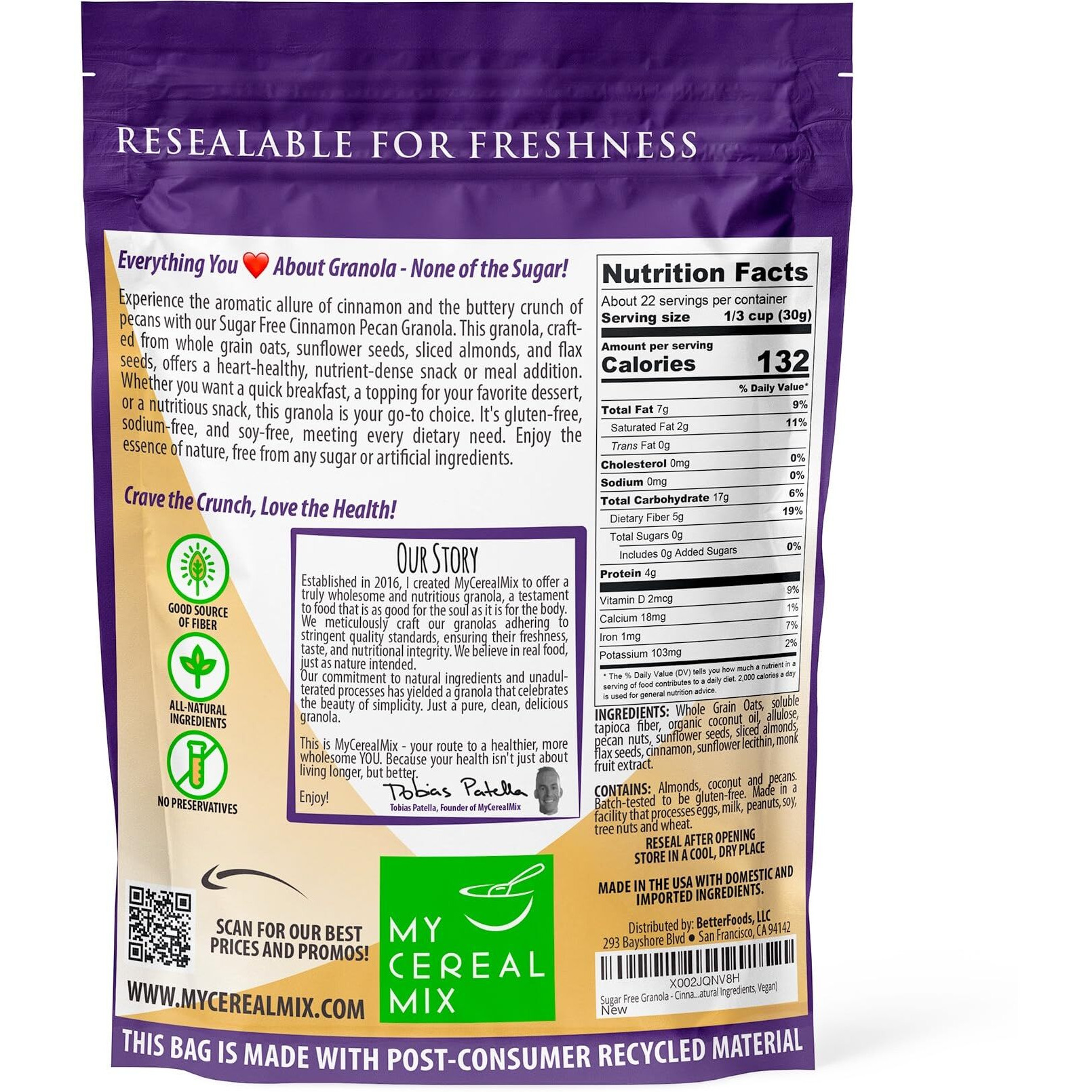 Sugar Free Granola - Cinnamon Pecan (Non-Gmo, Gluten Free, Soy Free, Sodium Free, No Sugar Alcohols, All Natural Ingredients, Vegan)