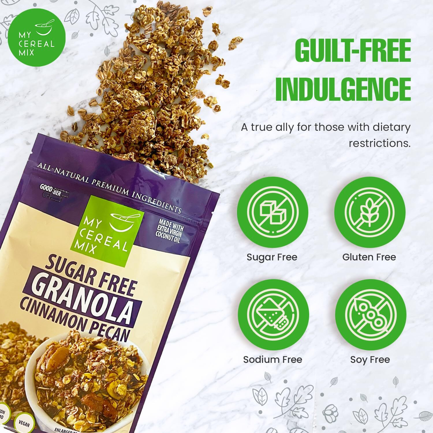 Sugar Free Granola - Cinnamon Pecan (Non-Gmo, Gluten Free, Soy Free, Sodium Free, No Sugar Alcohols, All Natural Ingredients, Vegan)