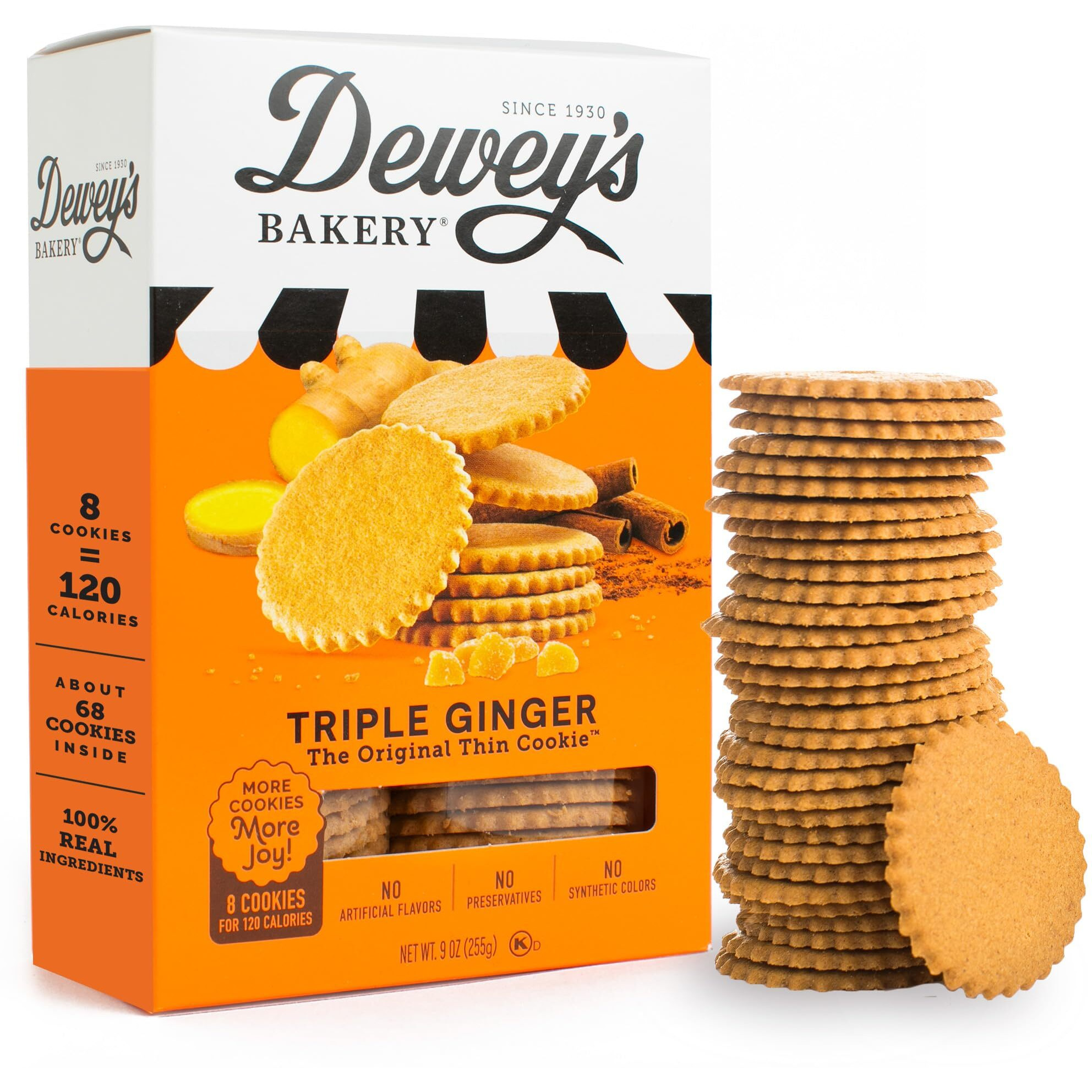 Dewey's Bakery Triple Ginger Cookie Thins | No Artificial Flavors, Synthetic Colors Or Preservatives | Baked In Small Batches | 9Oz (Pack Of 1)