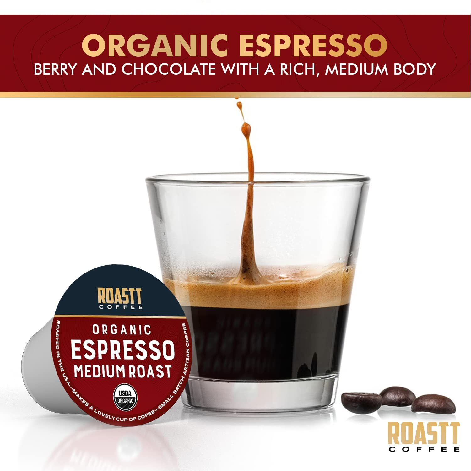 Organic Espresso Pods For Keurig K Cup Brewing, Organic Medium Dark Roast, Single Shot Espresso Pods Compatible With Kcup Brewers, (Espresso, 36 Pods)