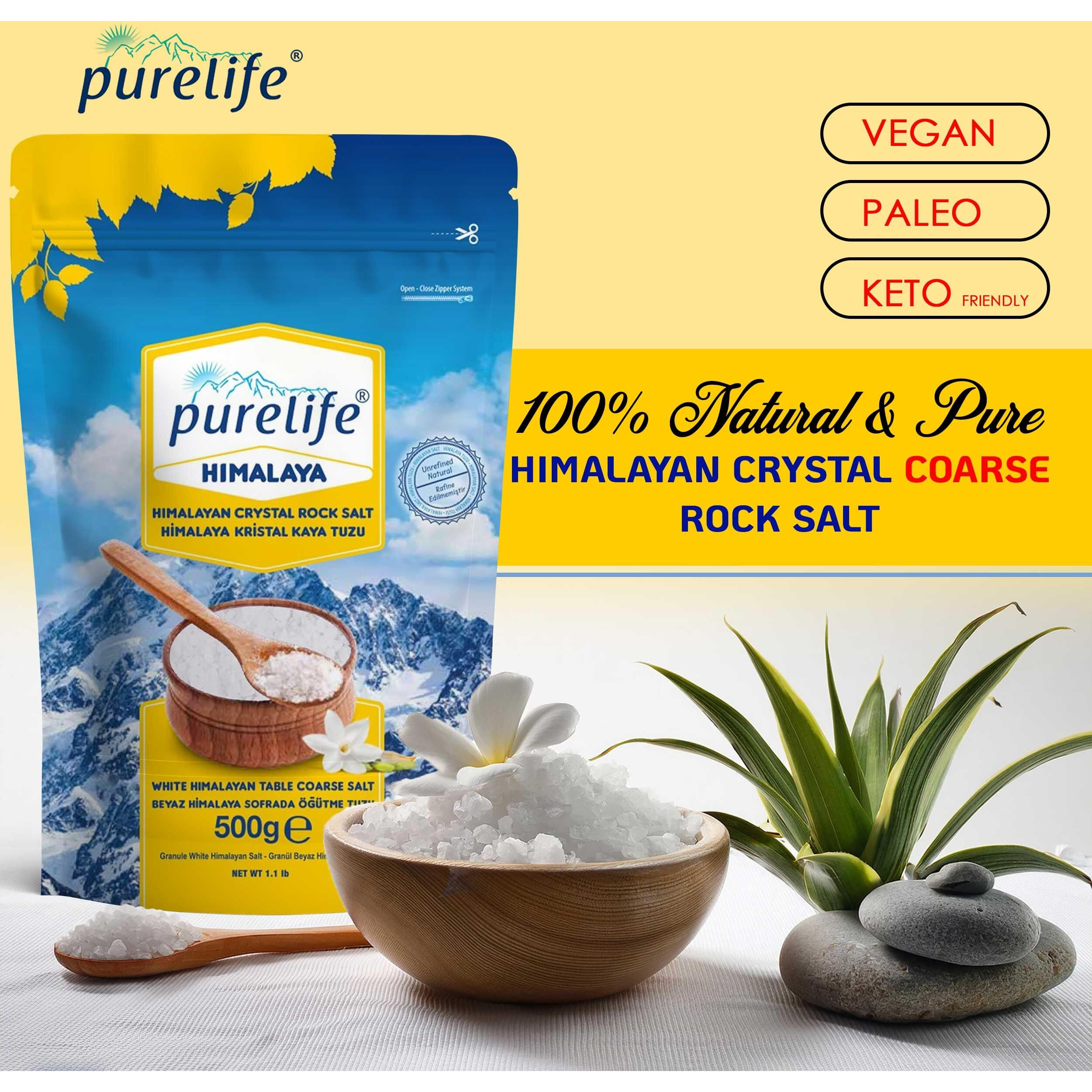 Purelife Himalayan Salt White Coarse Kosher Unrefined - Extra Fine Grain Gourmet Natural Crystal Rock Salt With Minerals For Salt Mills & Grinders- From Mineral Balanced Part (White) Of Same Mine With Pink Salt - 1.1 Lbs