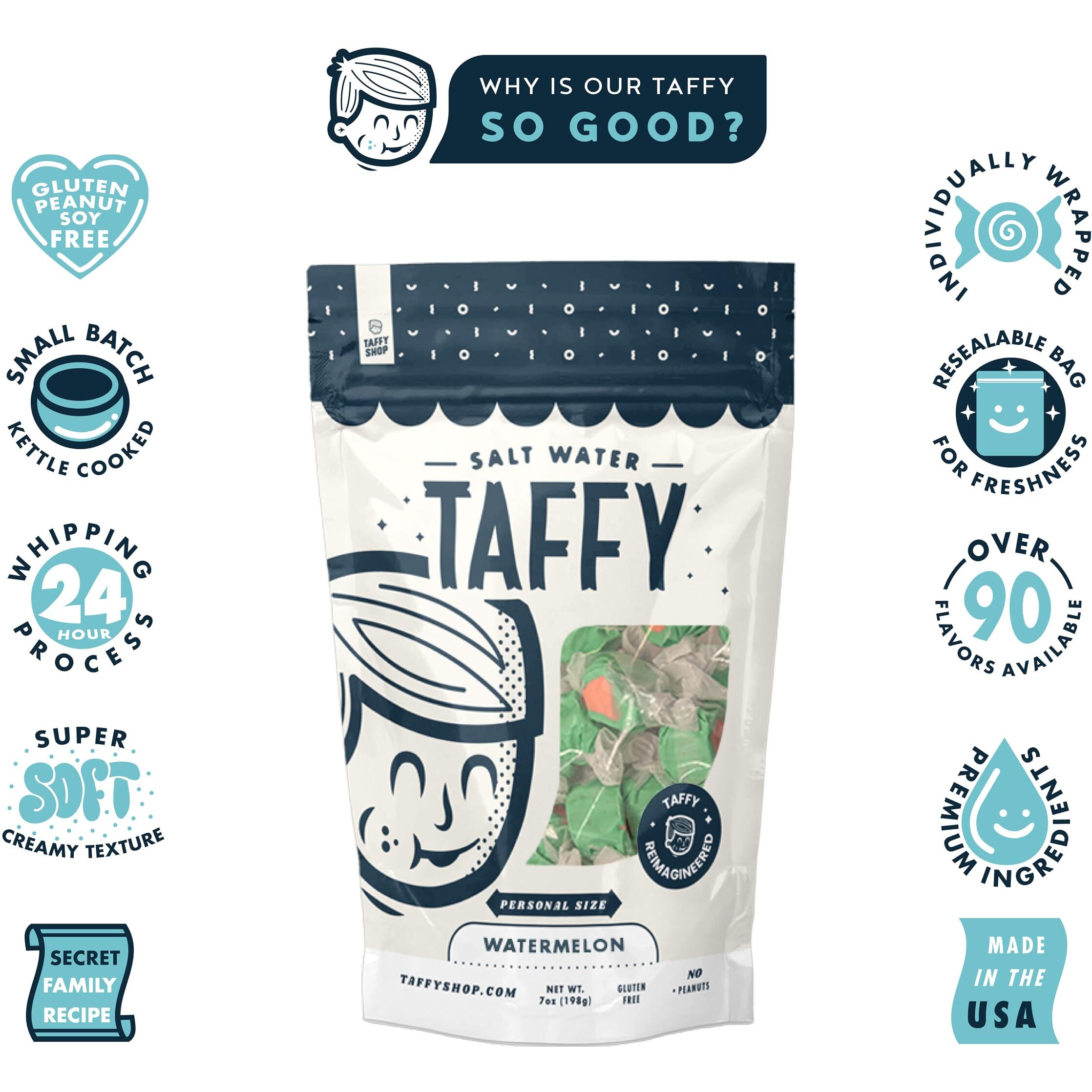 Taffy Shop Wild Watermelon Salt Water Taffy - Small Batch Salt Water Taffies Made In The Usa - Super Soft, Sweet, Taffy Candy - Guaranteed Fresh - Gluten-Free, Soy-Free, Peanut Free - 7 Ounces Bag