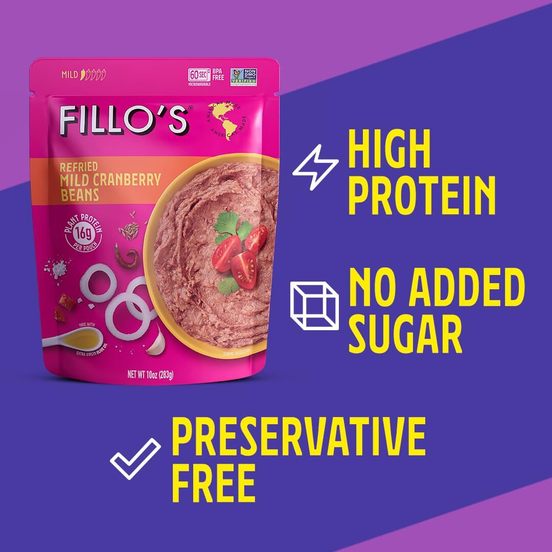 Fillo's Refried Beans - Made With Roman Borlotti Beans Aka Cranberry Beans, Ready To Eat Beans, 10 Oz Pk Of 6, Gluten-Free, Microwavable Meals, Vegan, Plant Protein