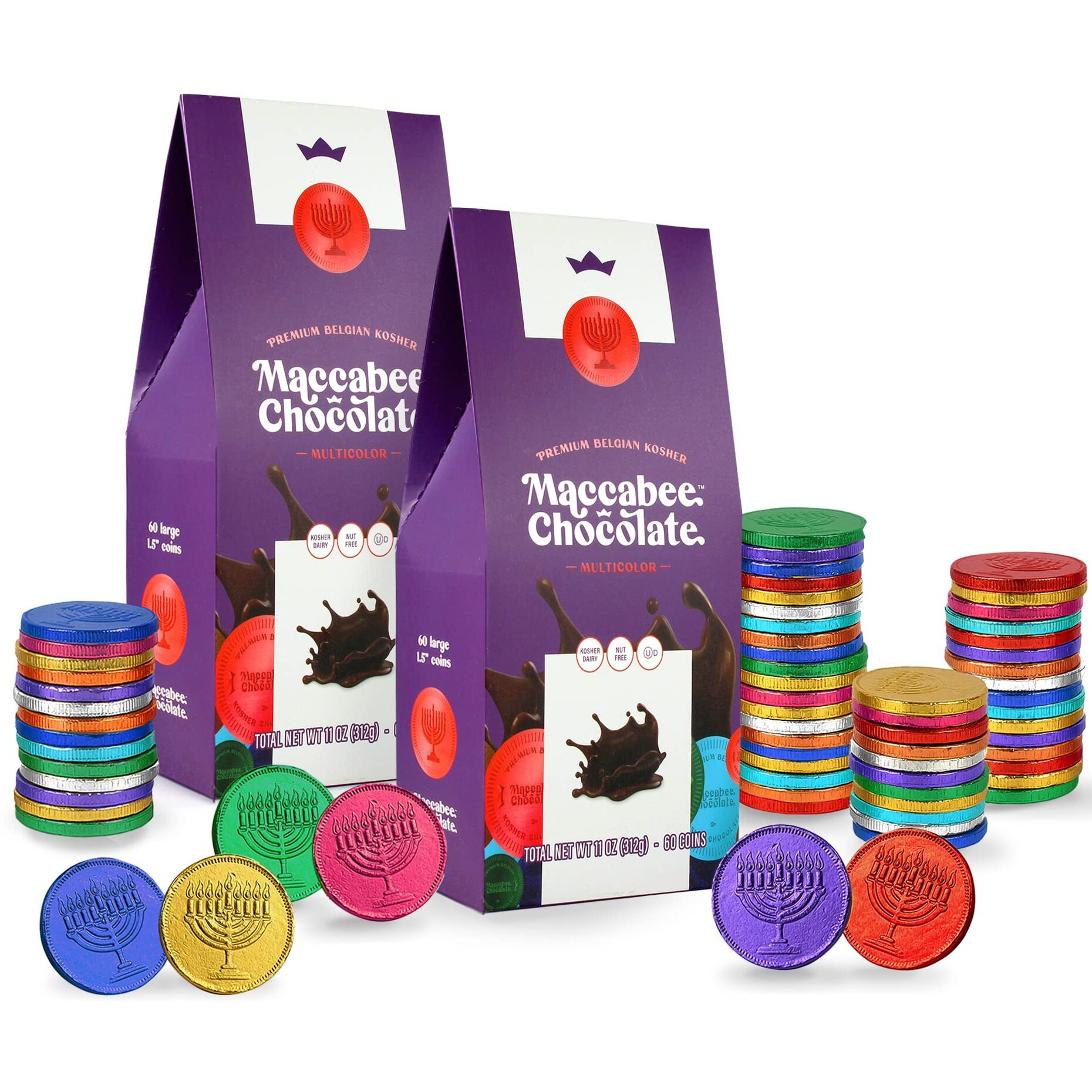 Kosher Hanukkah Gelt Premium Belgian Chocolate Coins Nut-Free Chanukah Candy Chocolates In A Gift Pack Contains 60 Large Coins (Milk Multicolor, 2 Pack (60 Count))