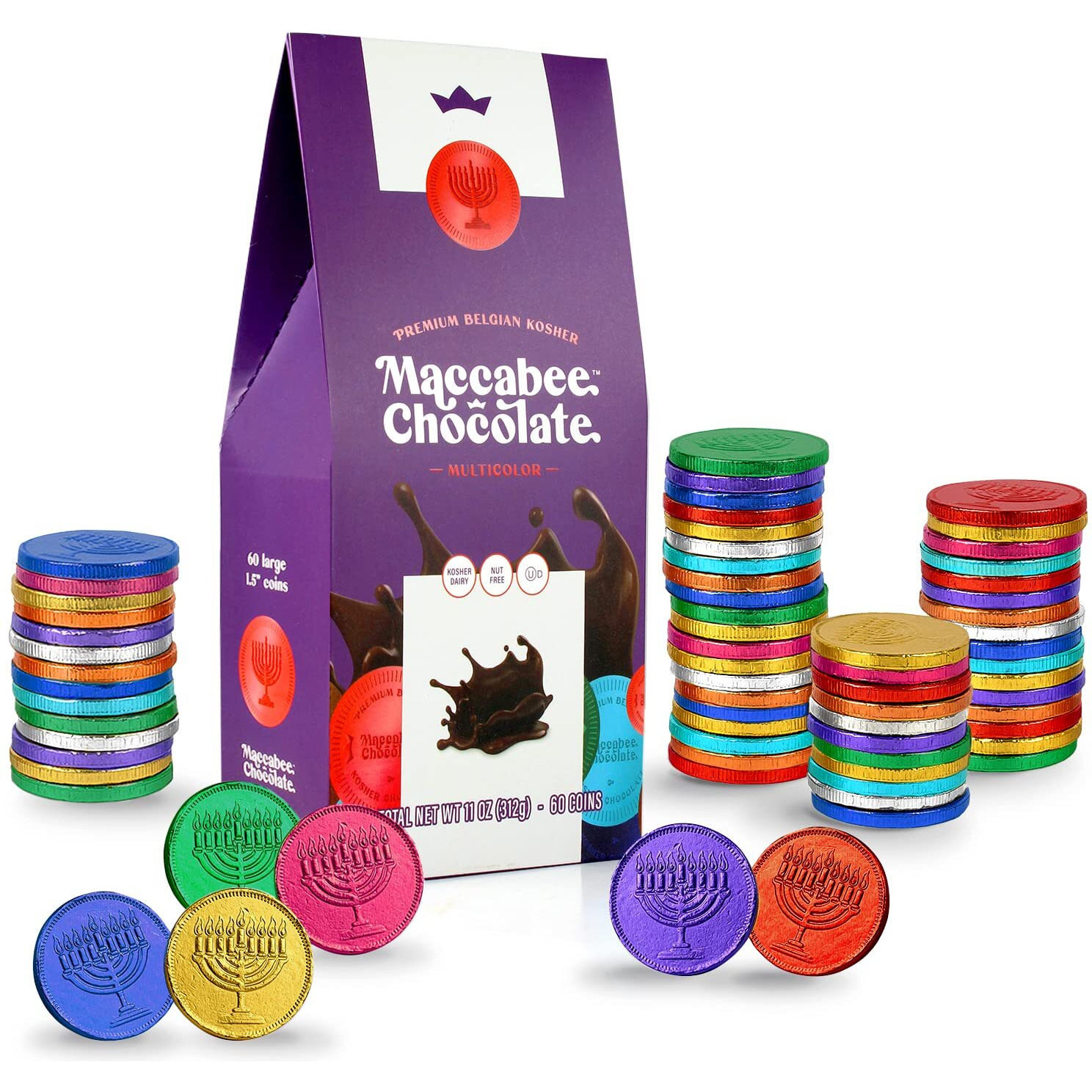 Kosher Hanukkah Gelt Premium Belgian Chocolate Coins Nut-Free Chanukah Candy Chocolates In A Gift Pack Contains 60 Large Coins (Milk Multicolor, 2 Pack (60 Count))