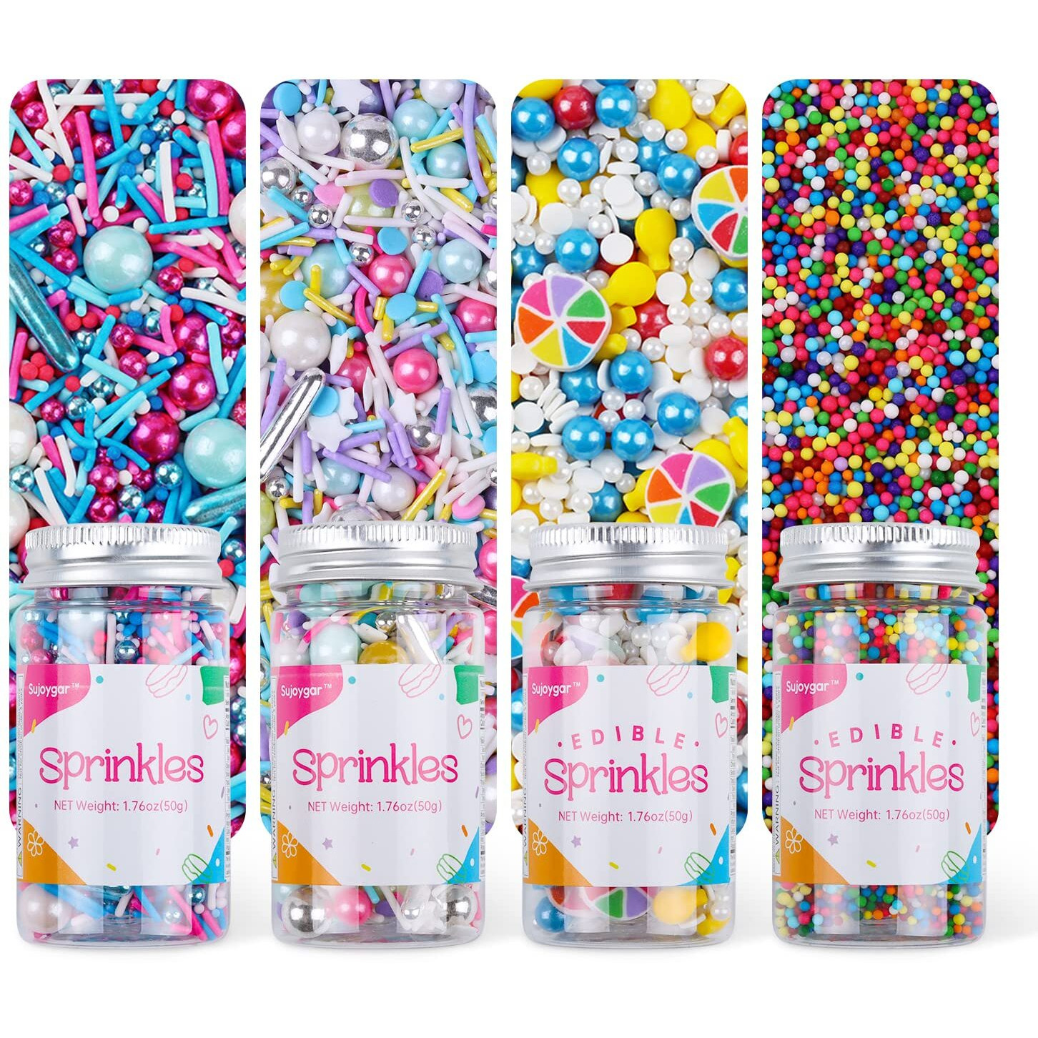 Sprinkles For Cake Decorating, Fancy Edible Sprinkles Set 4 Colors, Food Grade, 50G/Bottle, Sujoygar, Cake Toppers, Sprinkles For Cookie Decorating