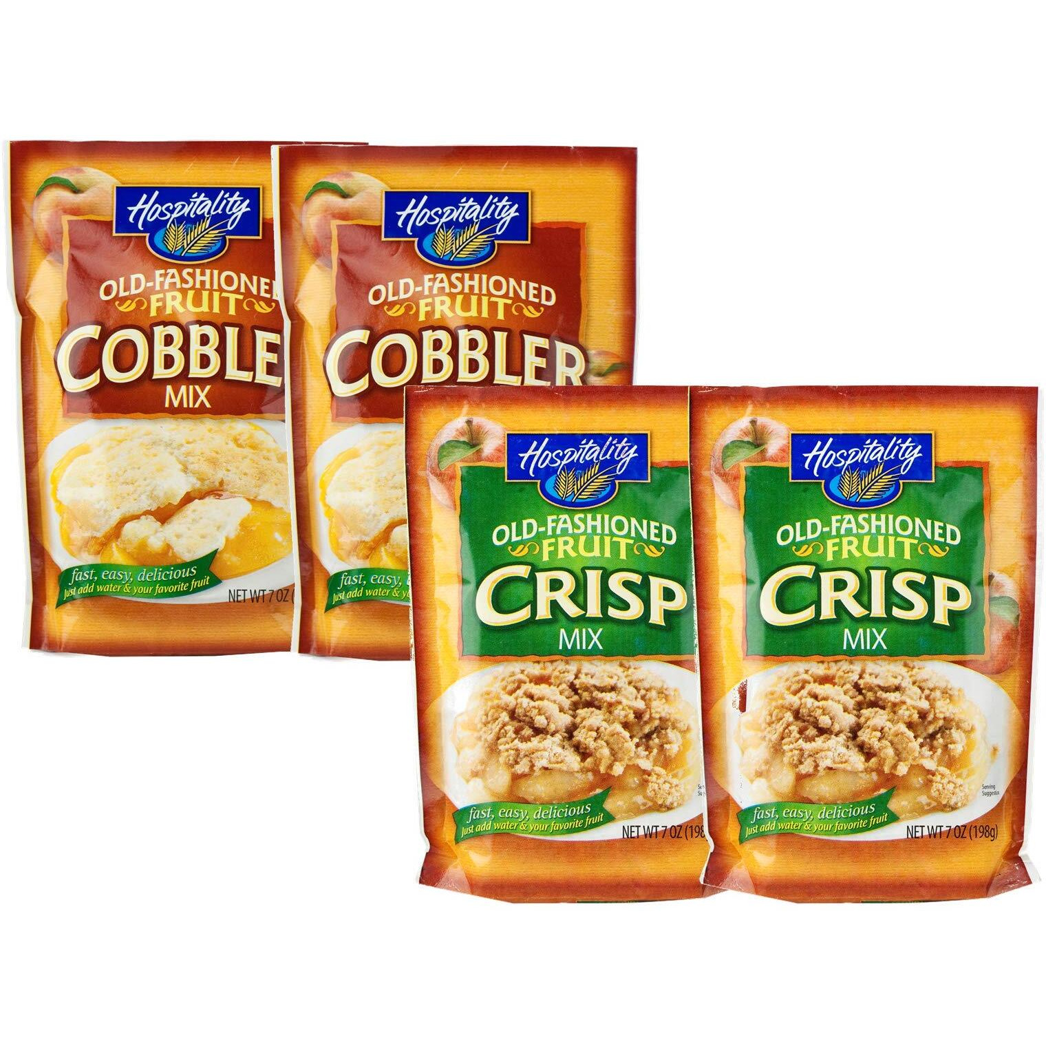 Hospitality Old Fashioned Fruit Cobbler Mix Or Old Fashioned Fruit Crisp Mix- Four 7 Oz. Packets (Variety 4-Pack)