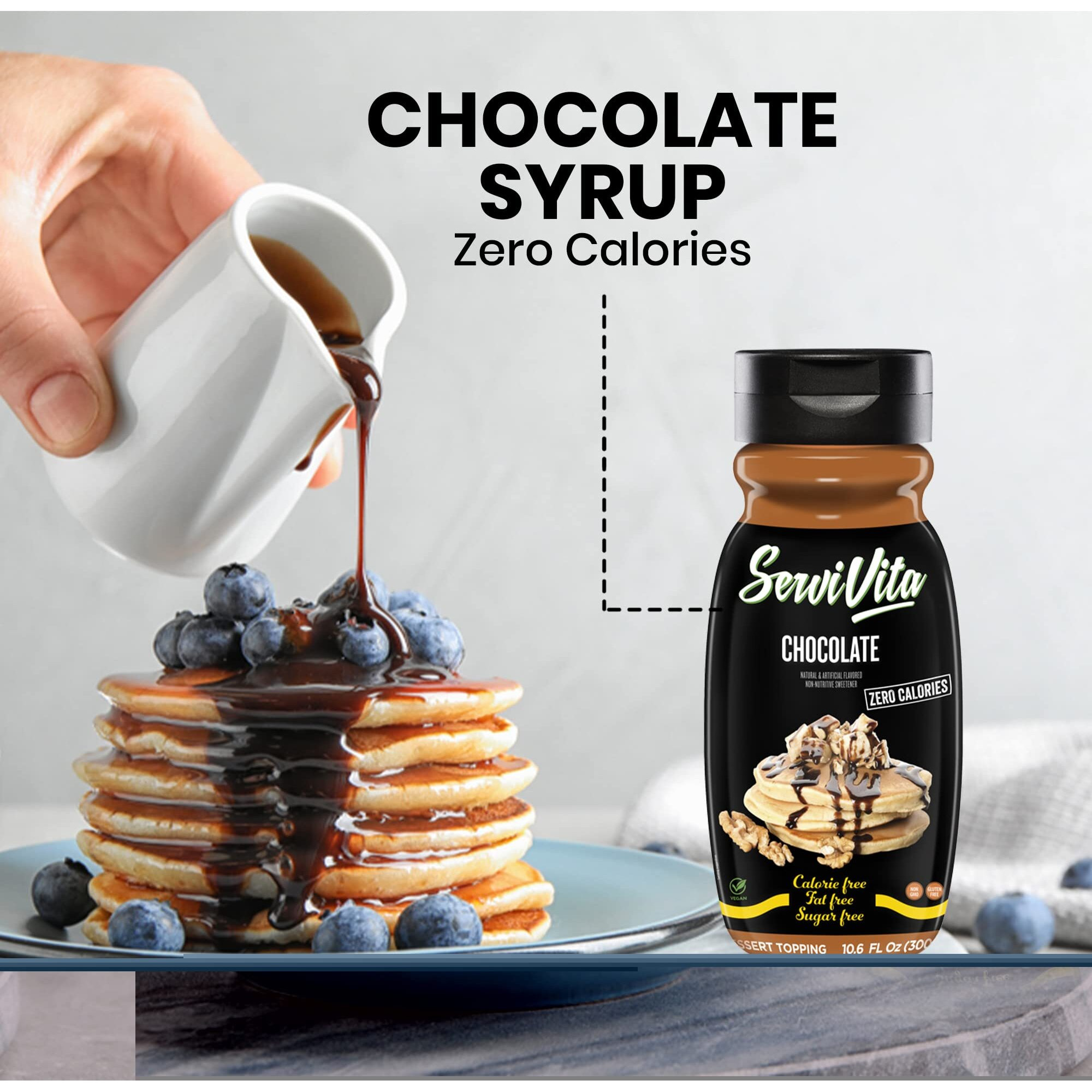 Sugar Free Chocolate Syrup Zero Calories And Fat Free, 10.6 Fl Oz - No Sugar Chocolate Syrup Dessert Topping Gluten-Free, Non-Gmo, Vegan And Keto Friendly - Servivita