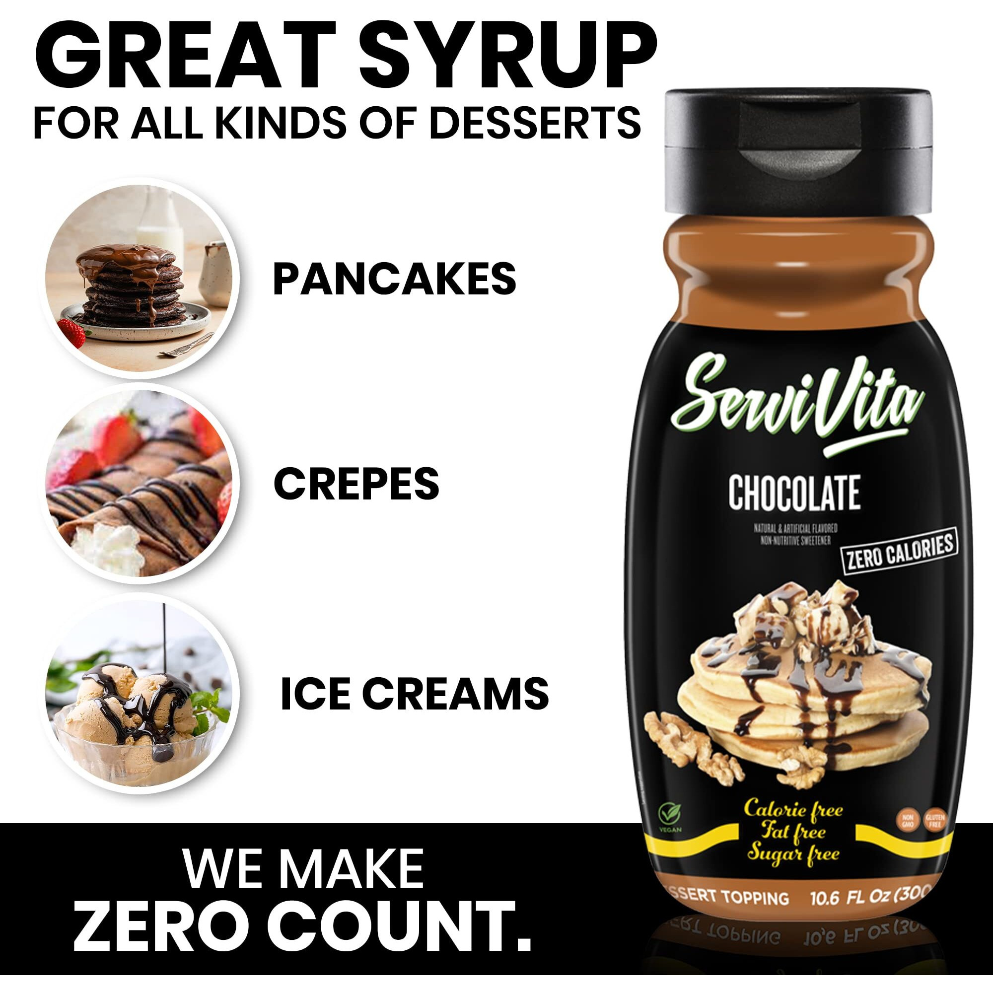 Sugar Free Chocolate Syrup Zero Calories And Fat Free, 10.6 Fl Oz - No Sugar Chocolate Syrup Dessert Topping Gluten-Free, Non-Gmo, Vegan And Keto Friendly - Servivita