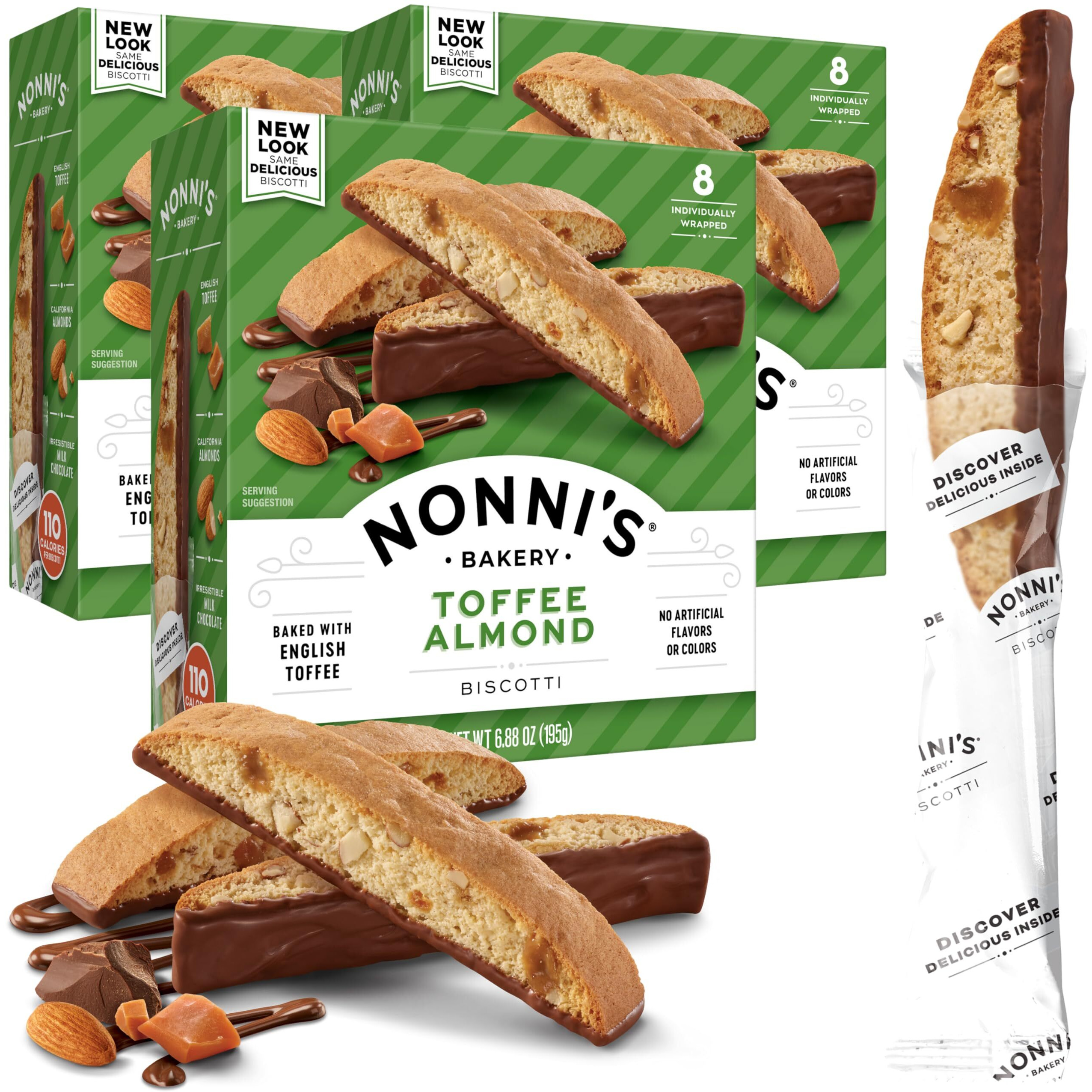 Nonni's Toffee Almond Biscotti Italian Cookies - 3 Boxes Biscotti Cookies W/English Toffee Bits - Biscotti Individually Wrapped Cookies Dipped In Milk Chocolate W/Almond Toffee Candy Bits - 6.88 Oz