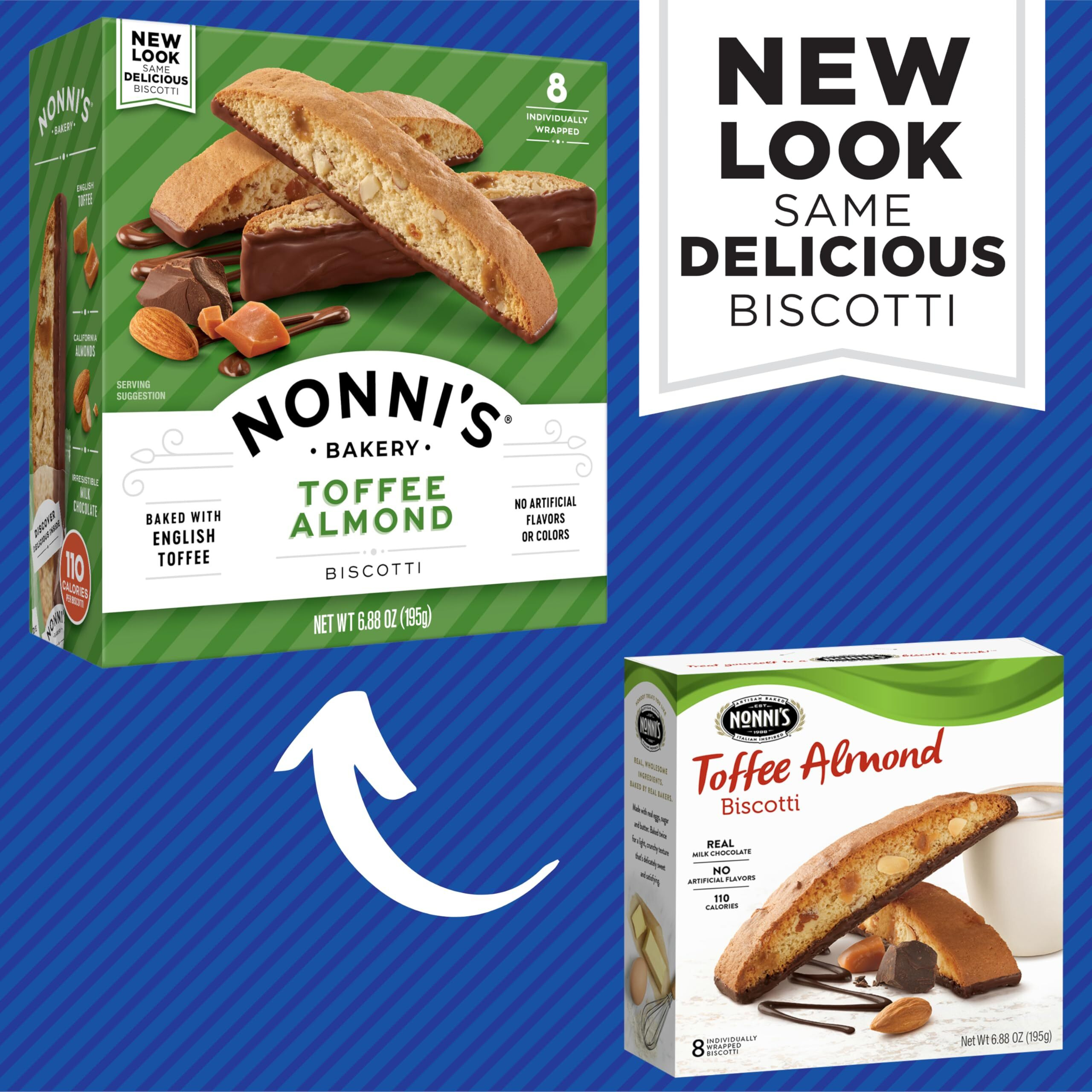 Nonni's Toffee Almond Biscotti Italian Cookies - 3 Boxes Biscotti Cookies W/English Toffee Bits - Biscotti Individually Wrapped Cookies Dipped In Milk Chocolate W/Almond Toffee Candy Bits - 6.88 Oz