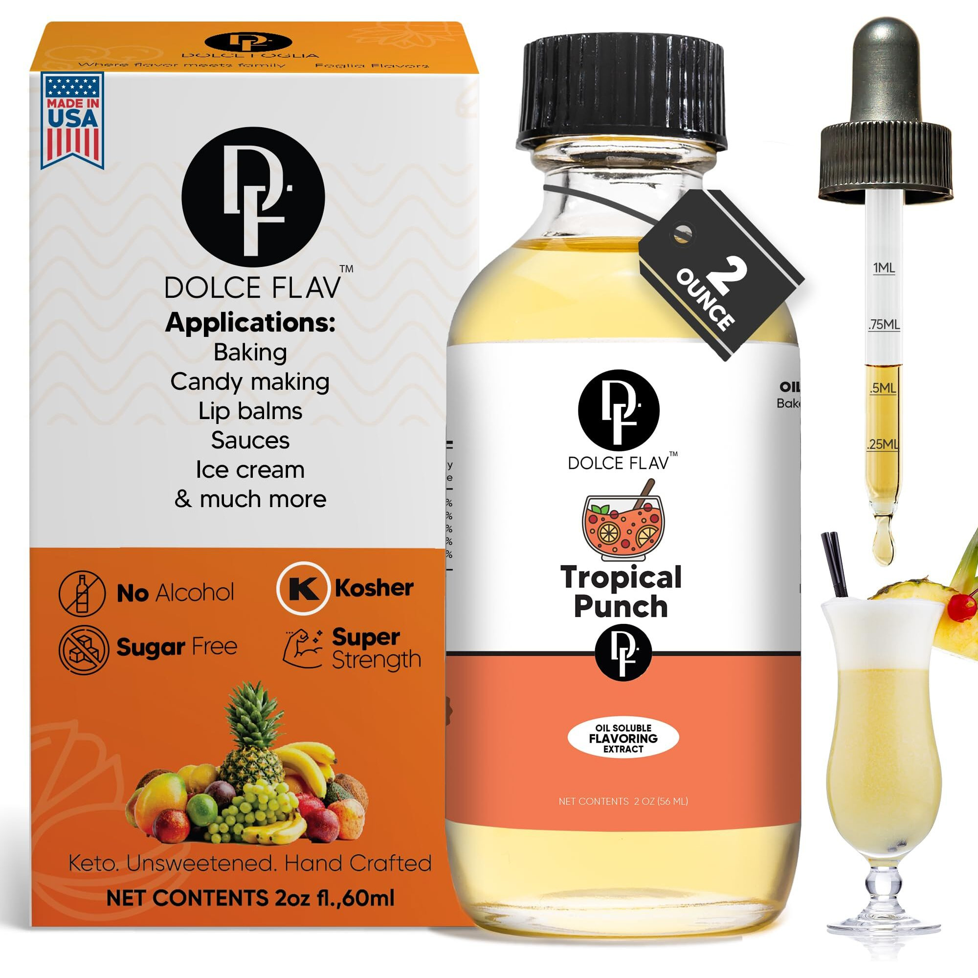 Dolce Flav Tropical Punch Extract - 2 Ounce Oil-Soluble Multipurpose Flavoring Ideal For Candy Making, Baking, Lip Balm, And Ice Cream - Perfect Kitchen Gift For Holidays