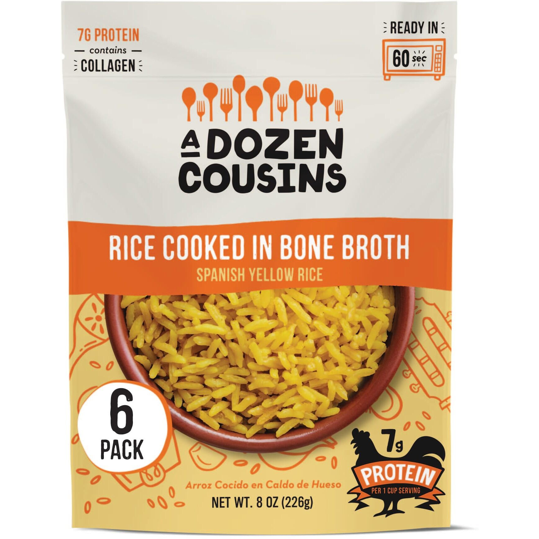 A Dozen Cousins Rice Cooked In Bone Broth Microwaveable Rice Packets | 7G Protein | Contains Collagen (Spanish Yellow Rice, 6 Pack)