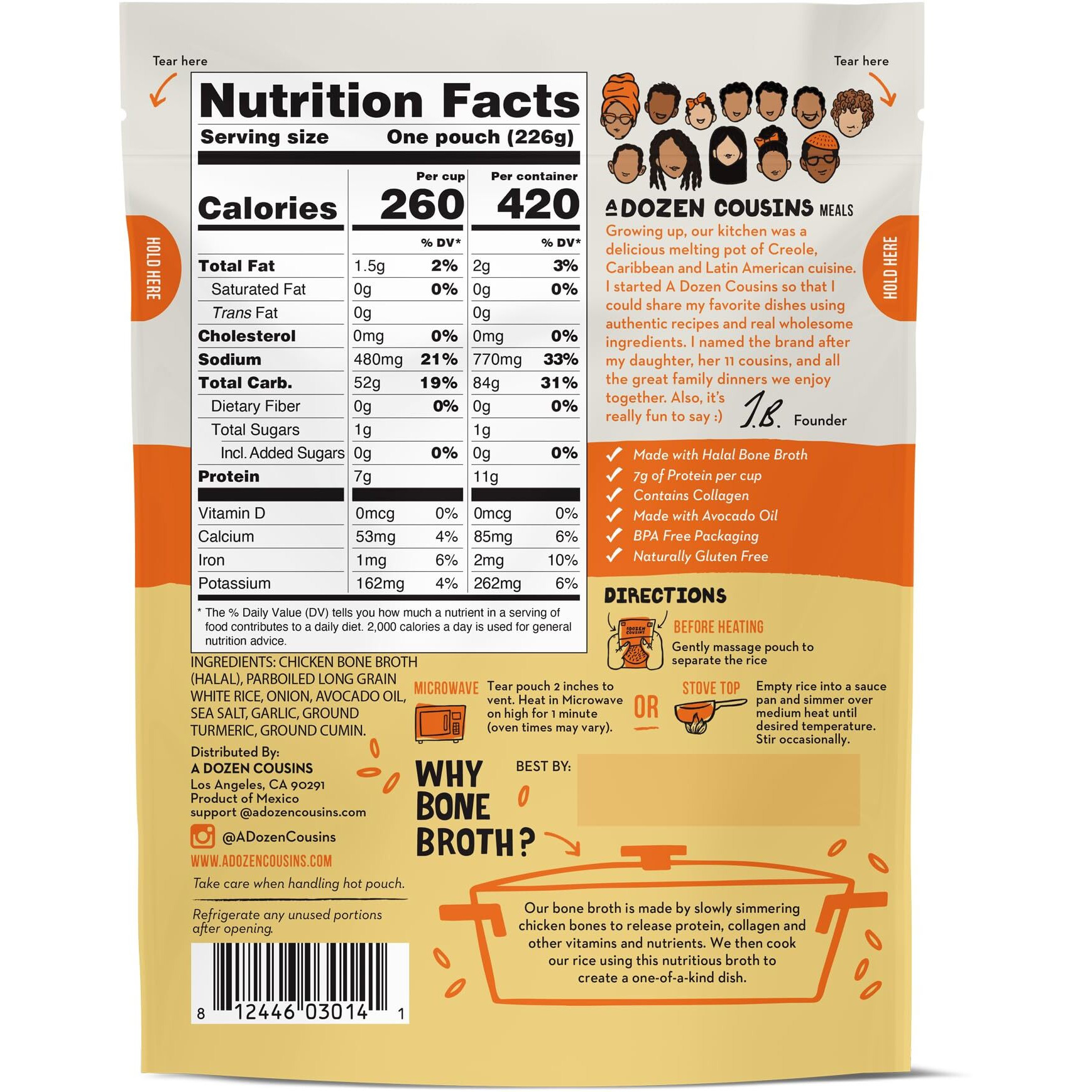 A Dozen Cousins Rice Cooked In Bone Broth Microwaveable Rice Packets | 7G Protein | Contains Collagen (Spanish Yellow Rice, 6 Pack)