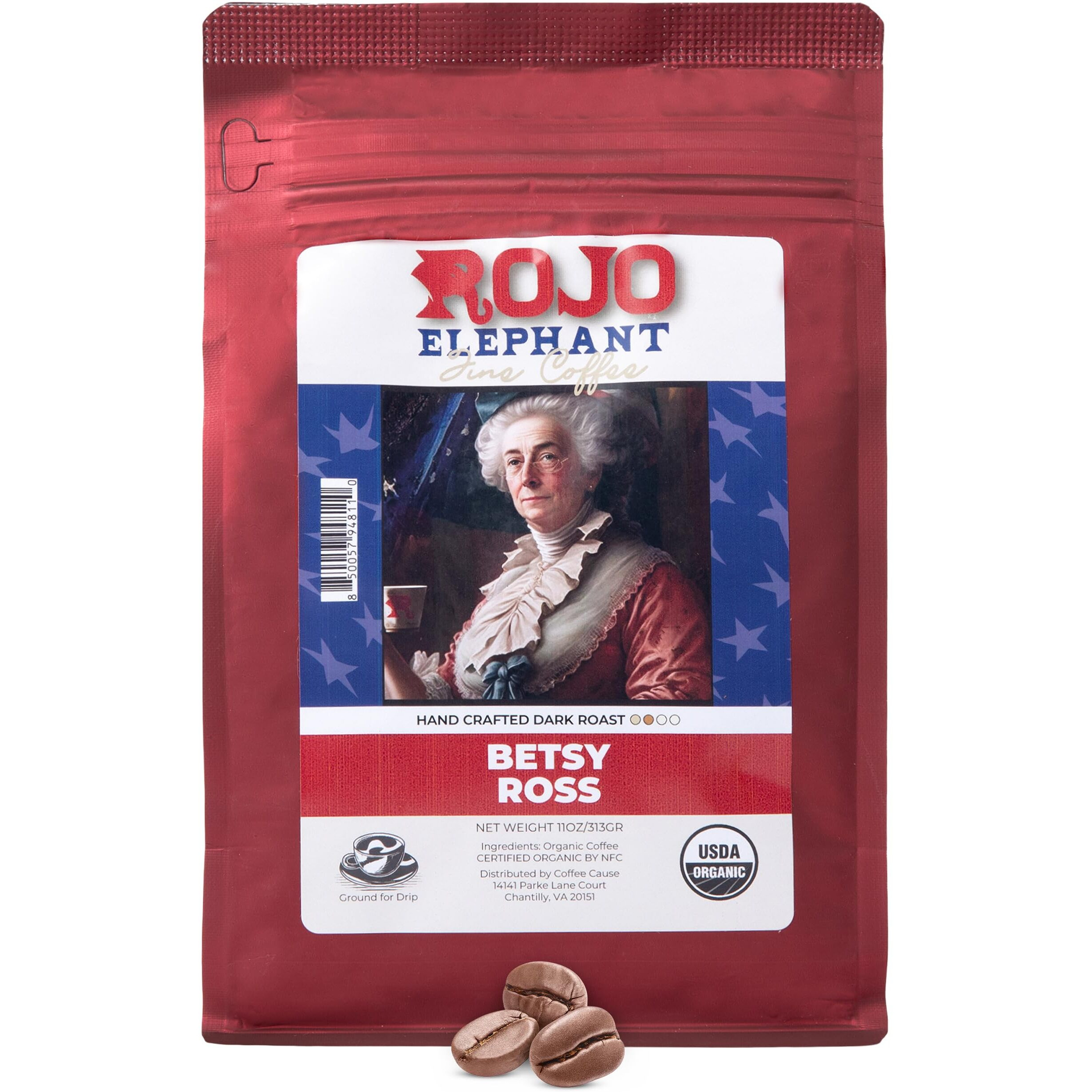 Rojo Elephant Betsy Ross Handcrafted Ground Coffee, Made From 100% Arabica Beans, Premium Dark Roast, Smooth, Rich Flavor, Usda Organic, 11 0Z Pack