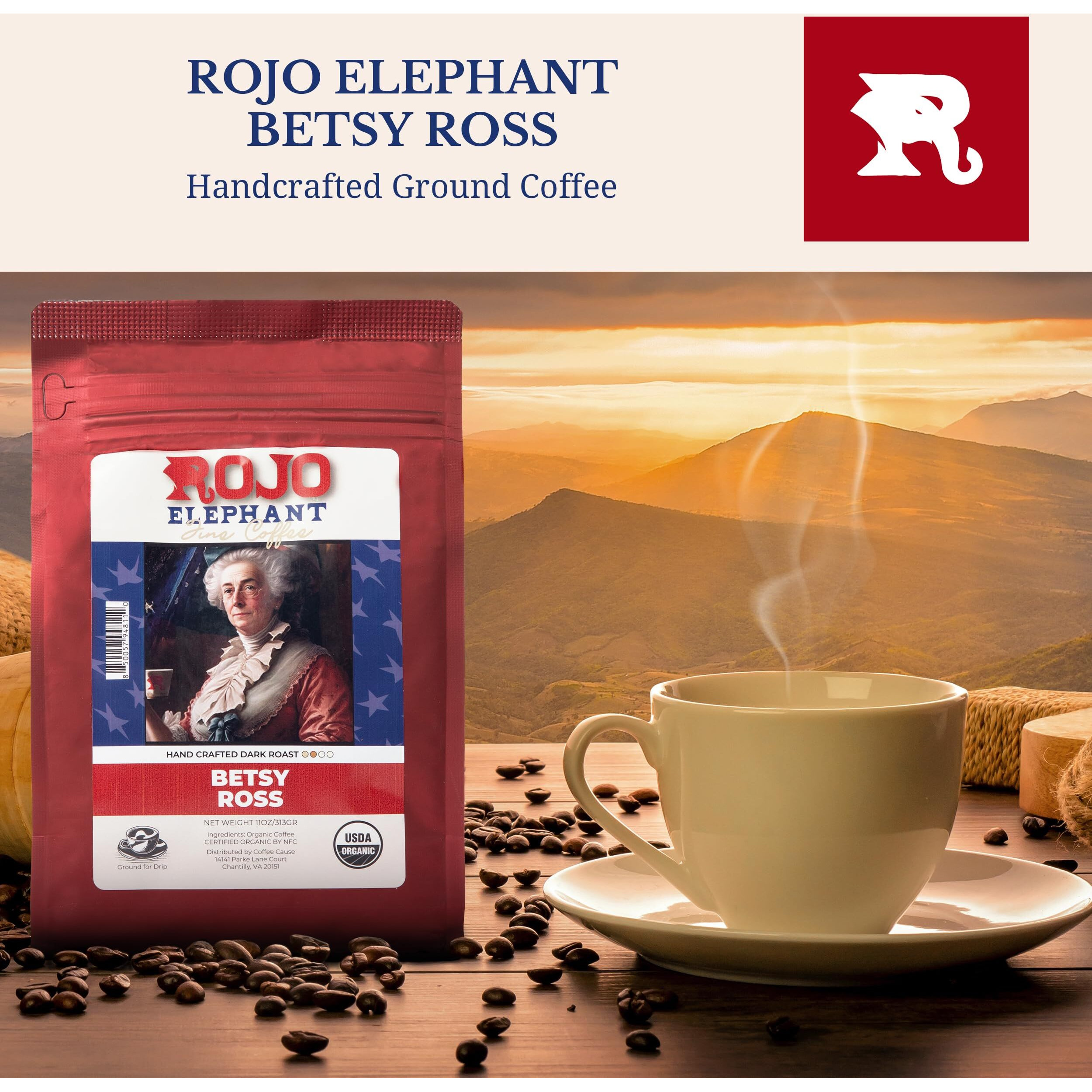 Rojo Elephant Betsy Ross Handcrafted Ground Coffee, Made From 100% Arabica Beans, Premium Dark Roast, Smooth, Rich Flavor, Usda Organic, 11 0Z Pack