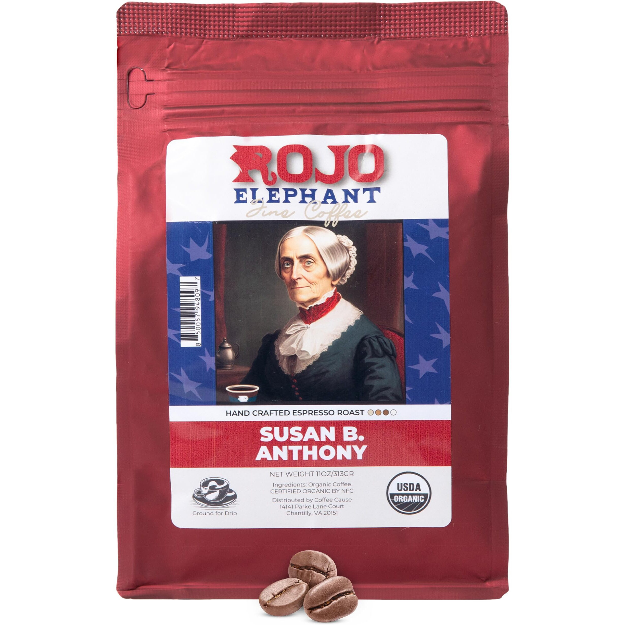 Rojo Elephant Susan B. Anthony Handcrafted Espresso Ground Coffee, Made From 100% Arabica Beans, Premium, Smooth, Rich Flavor, Usda Organic, 11 0Z Pack