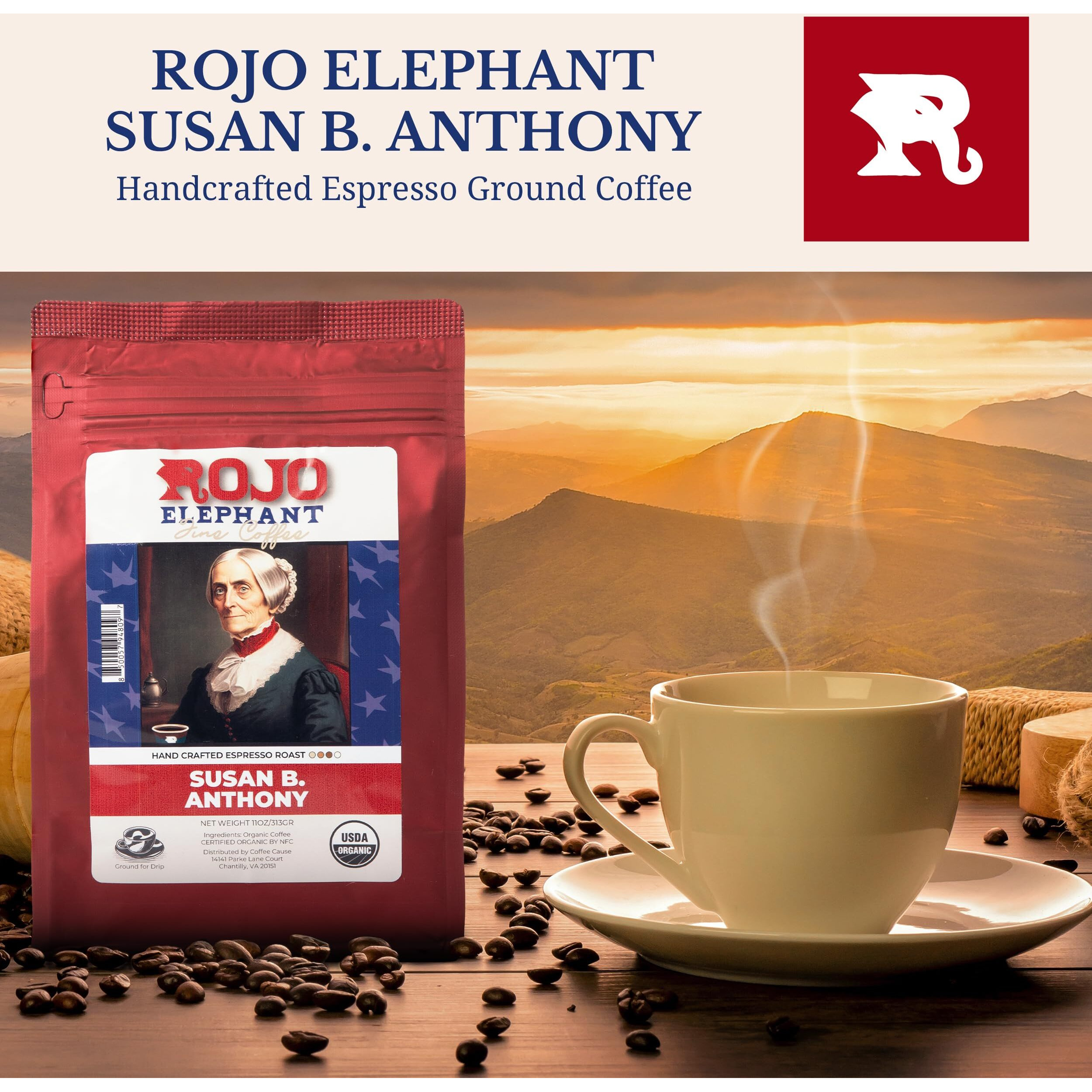 Rojo Elephant Susan B. Anthony Handcrafted Espresso Ground Coffee, Made From 100% Arabica Beans, Premium, Smooth, Rich Flavor, Usda Organic, 11 0Z Pack
