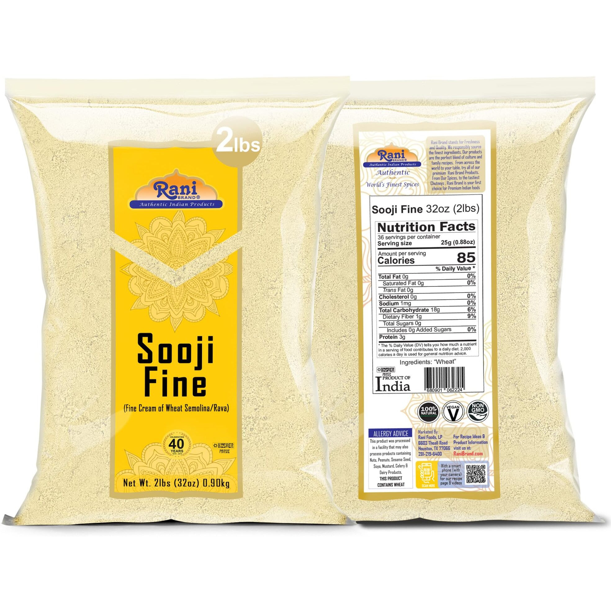 Rani Sooji Fine (Farina, Suji, Rava, Wheat) Flour 32Oz (2Lbs) 908G ~ All Natural | Vegan | Non-Gmo | Kosher | Indian Origin