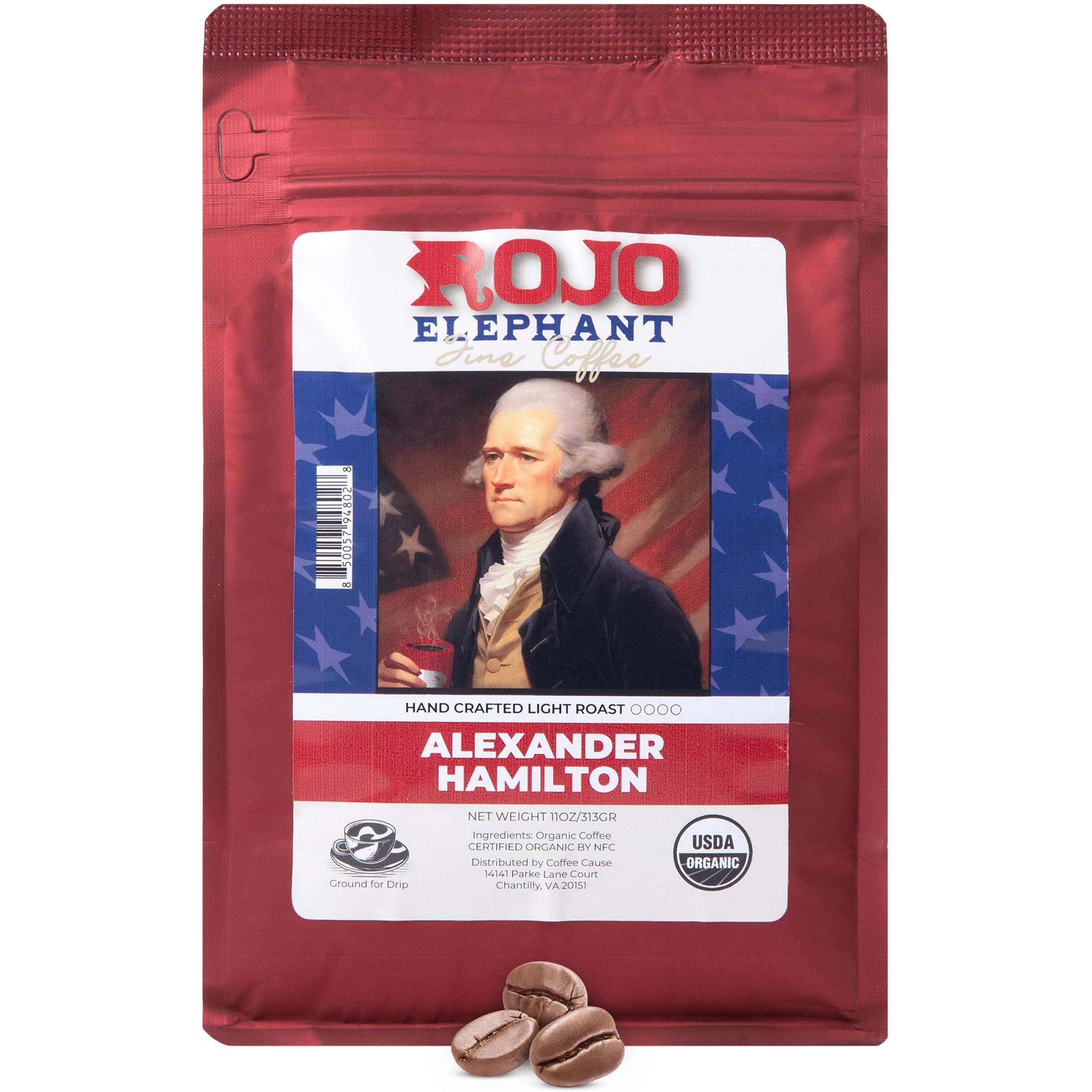 Rojo Elephant Alexander Hamilton Handcrafted Ground Coffee, Made From 100% Arabica Beans, Premium Light Roast, Smooth, Rich Flavor, Usda Organic, 11 0Z Pack